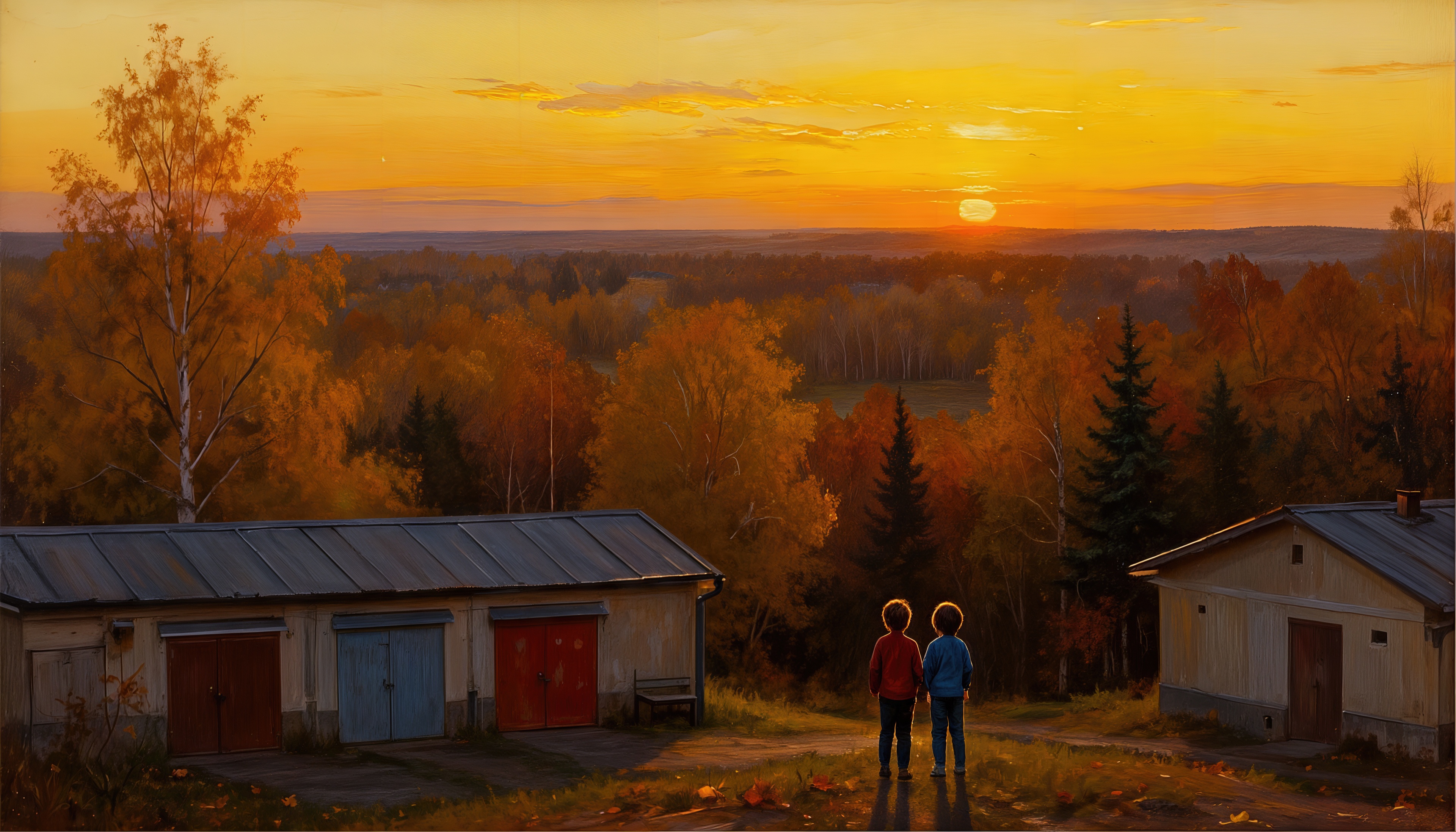 Free photo Autumn landscape: children, barns and a fiery sunset.