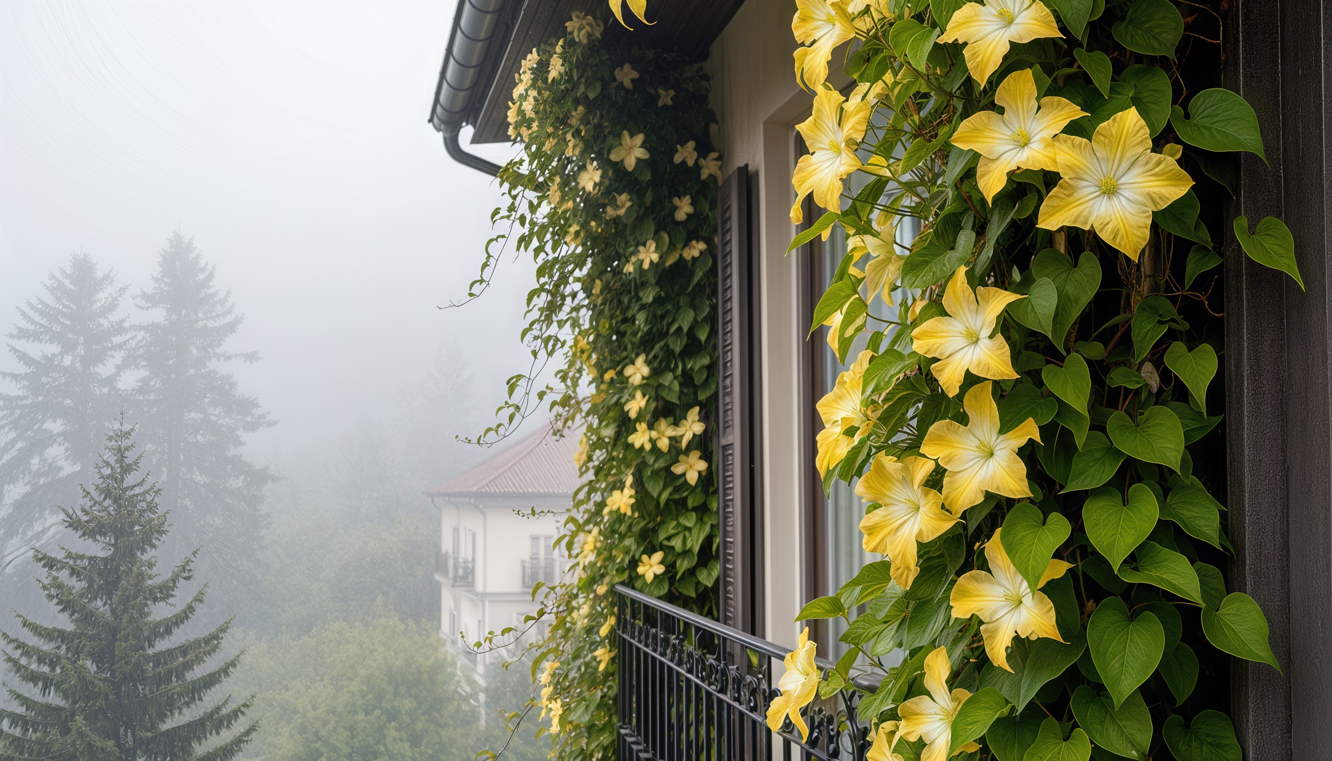 Бесплатное фото Балкон, покрытый жёлтыми цветами с белыми сердцевинами среди зелени, на фоне туманной панорамы с деревьями и домами.