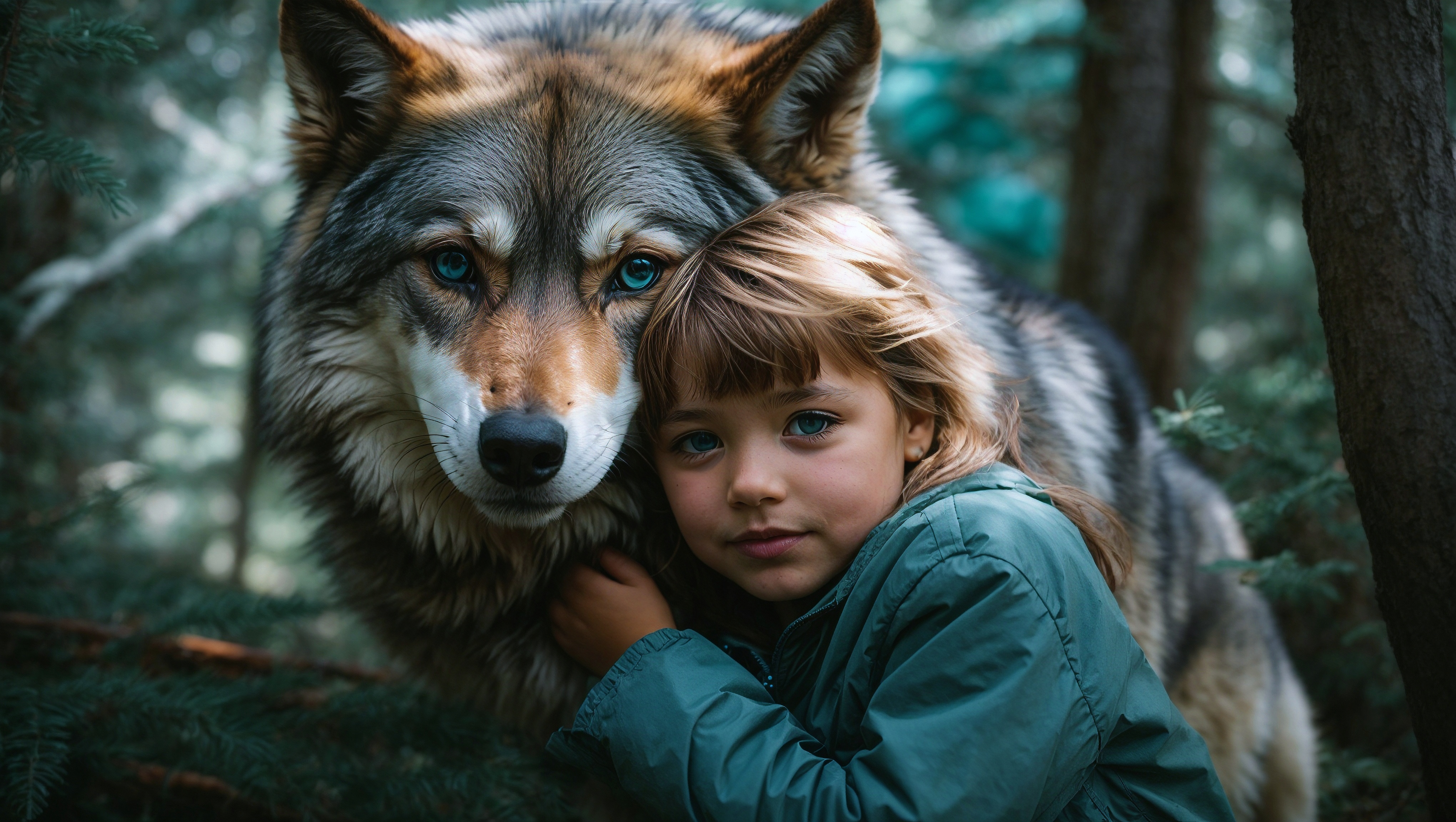 The girl poses next to the wolf outside