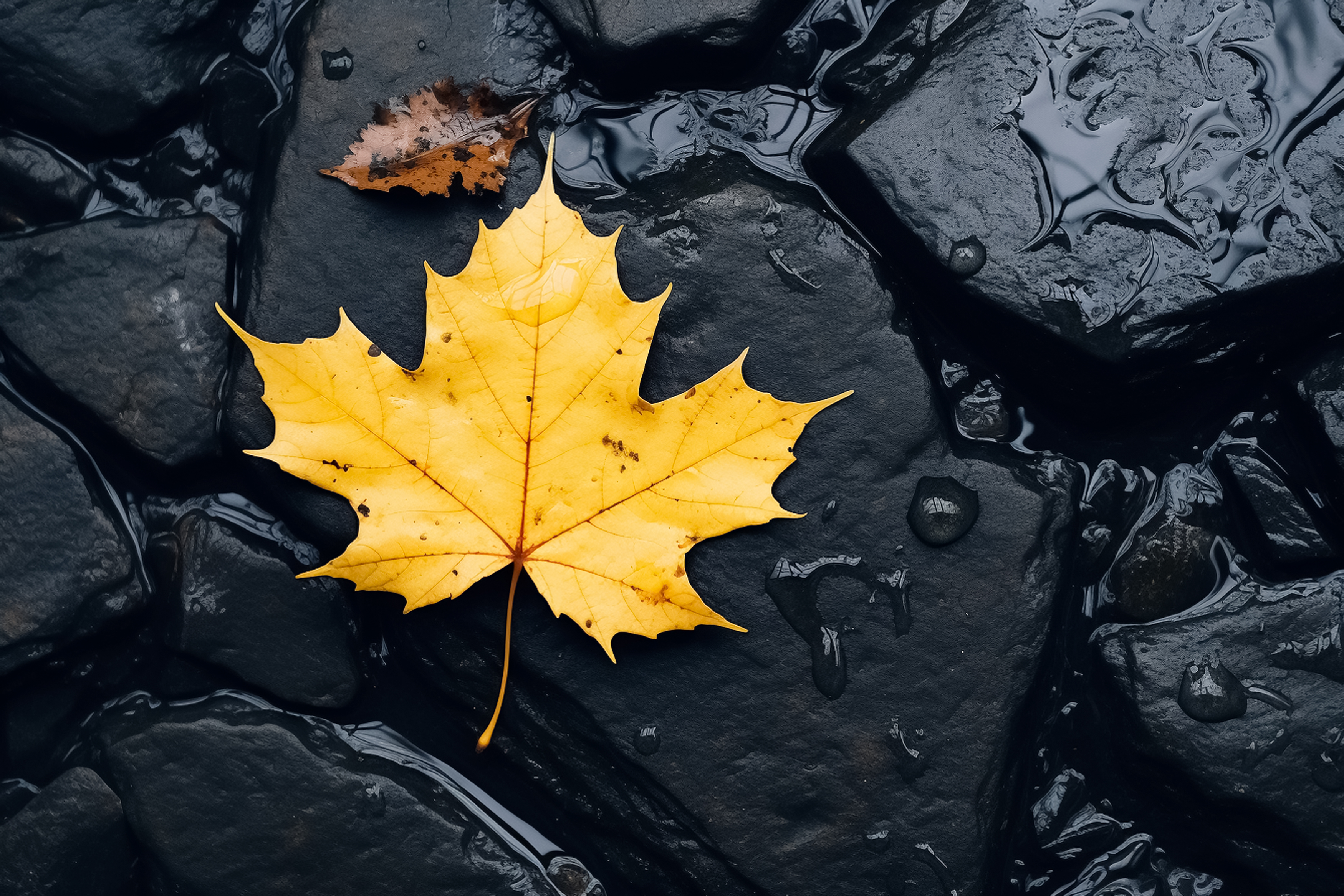 Бесплатное фото Одинокий осенний кленовый лист на черных камнях