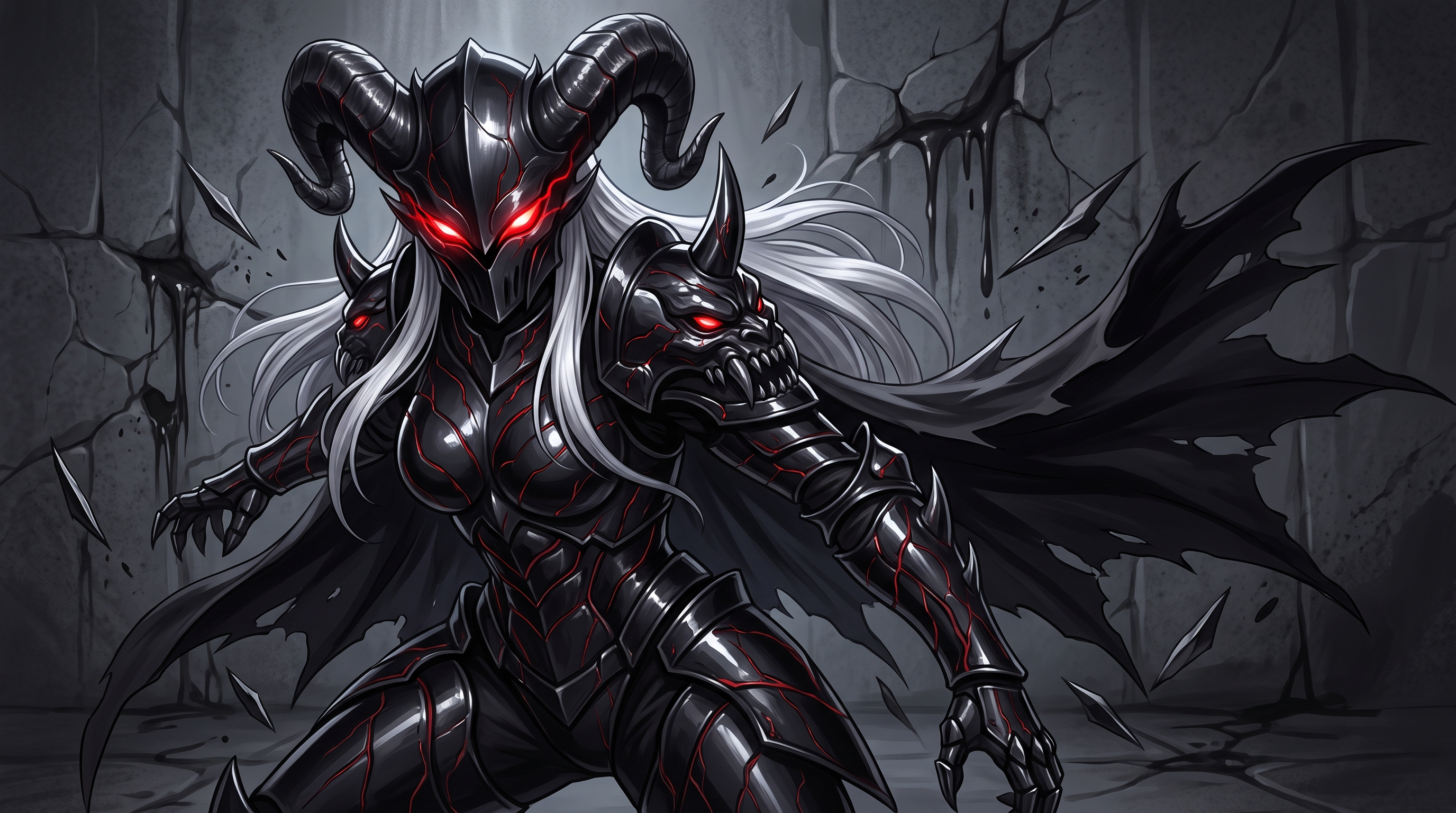 Free photo A demonic warrior in black armor with horns and wings on the background of a ruined wall