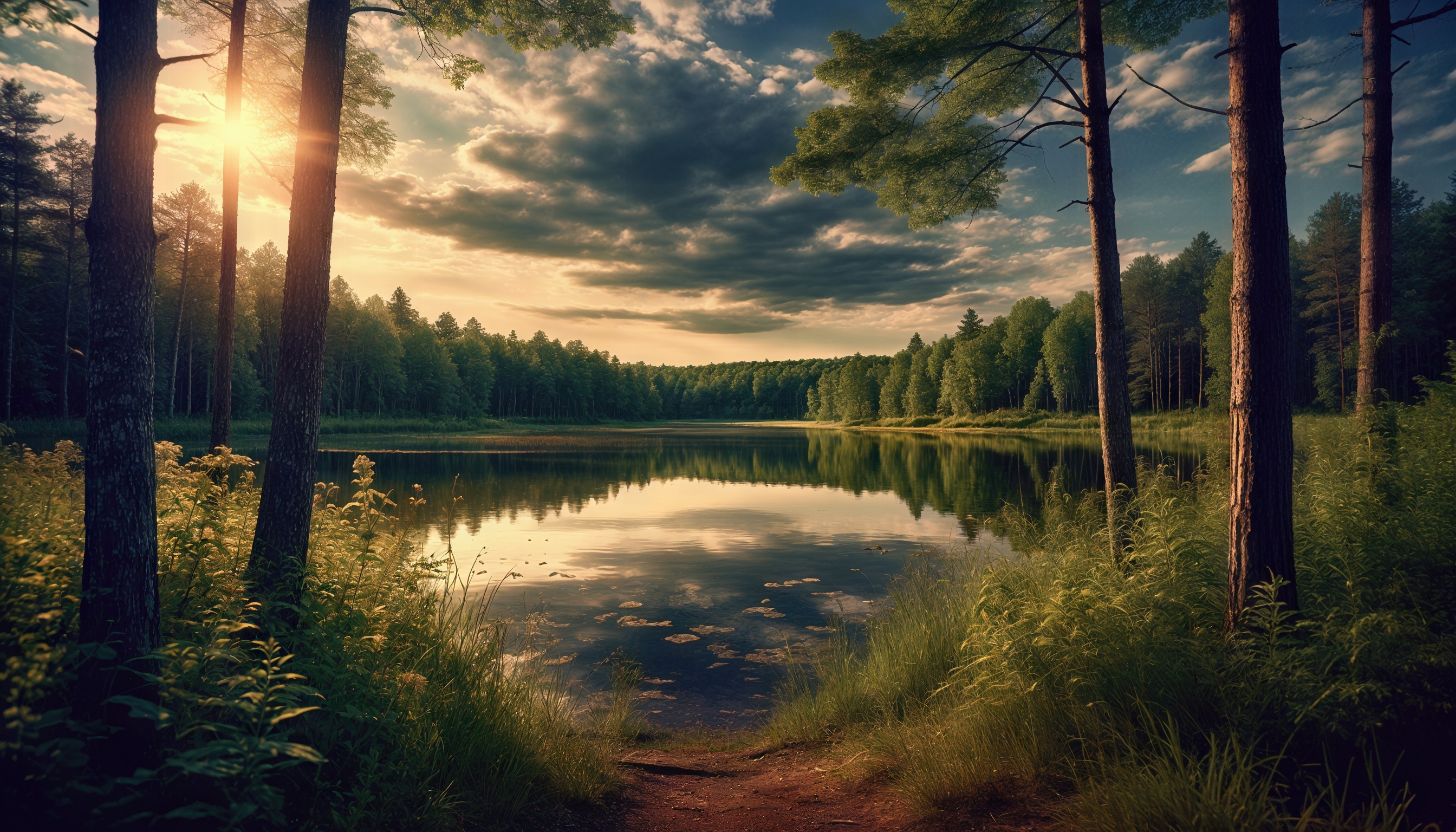 Бесплатное фото Живописный лесной пейзаж с озером, где солнце пробивается сквозь кроны деревьев.