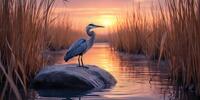 Закат окрасил тростники и воду, цапля наблюдает за тишиной.