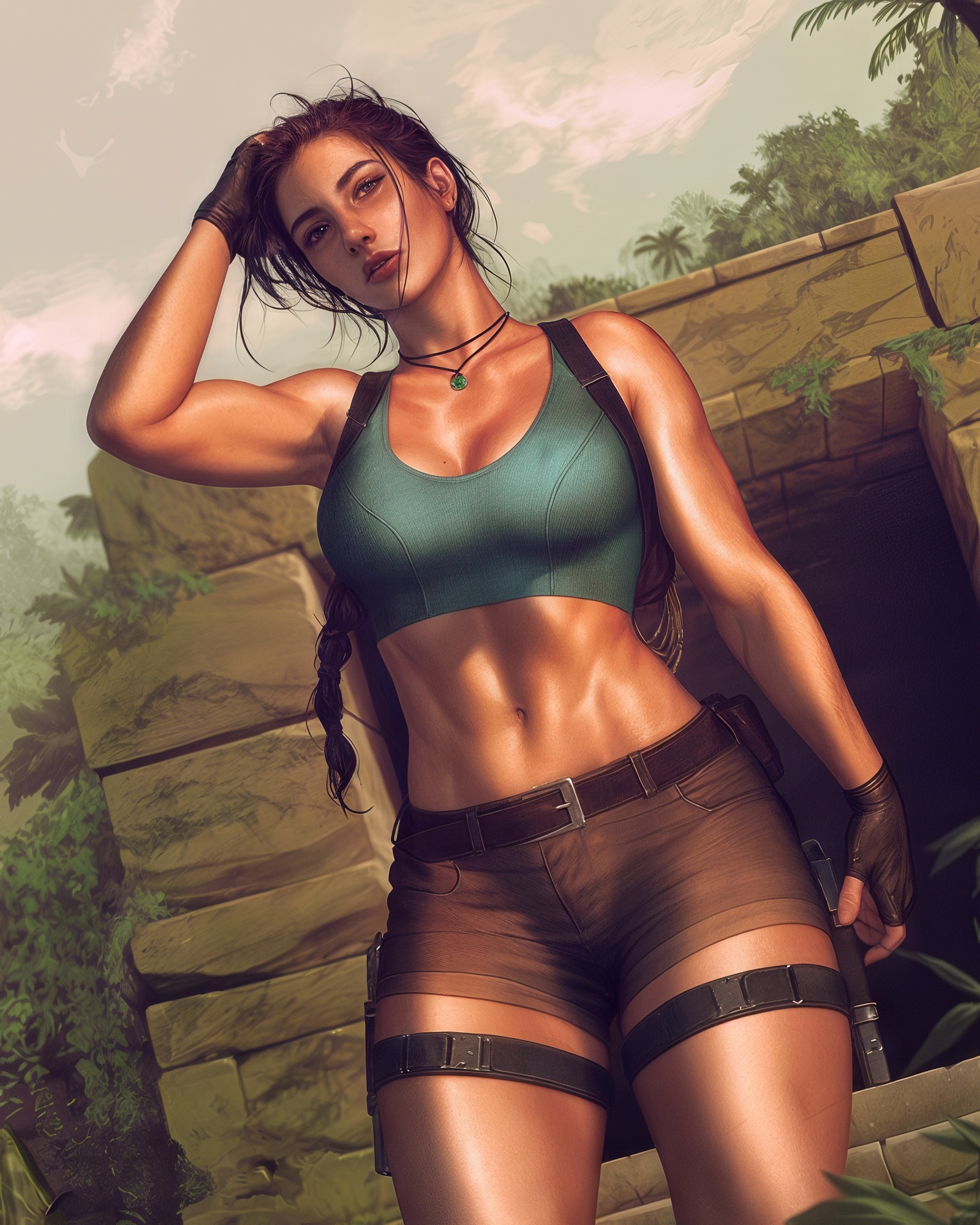 Бесплатное фото Лара Крофт в зелёном топе и шортах стоит у руин в джунглях, с перчатками и оружием, в уверенной позе.