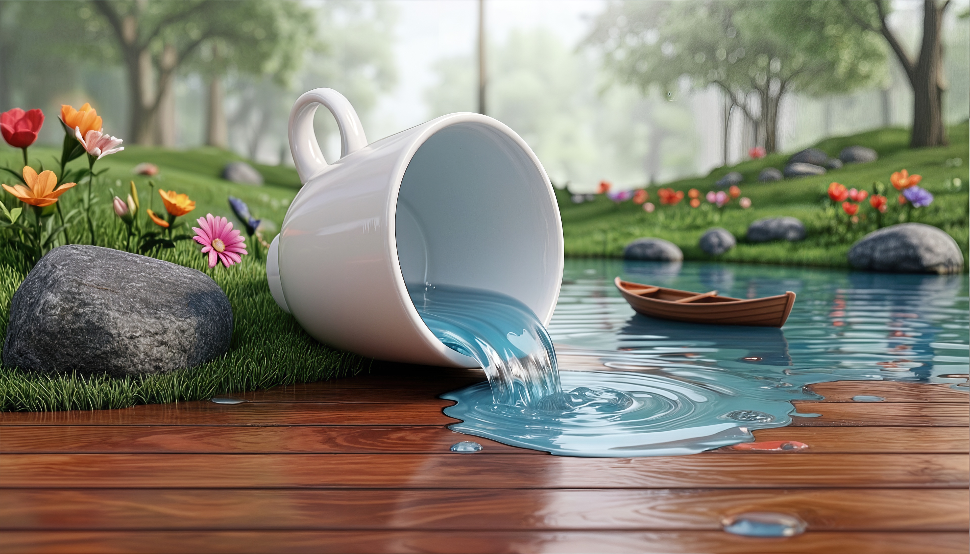 Free photo Surreal art with a huge cup from which a river flows in a fabulous garden.
