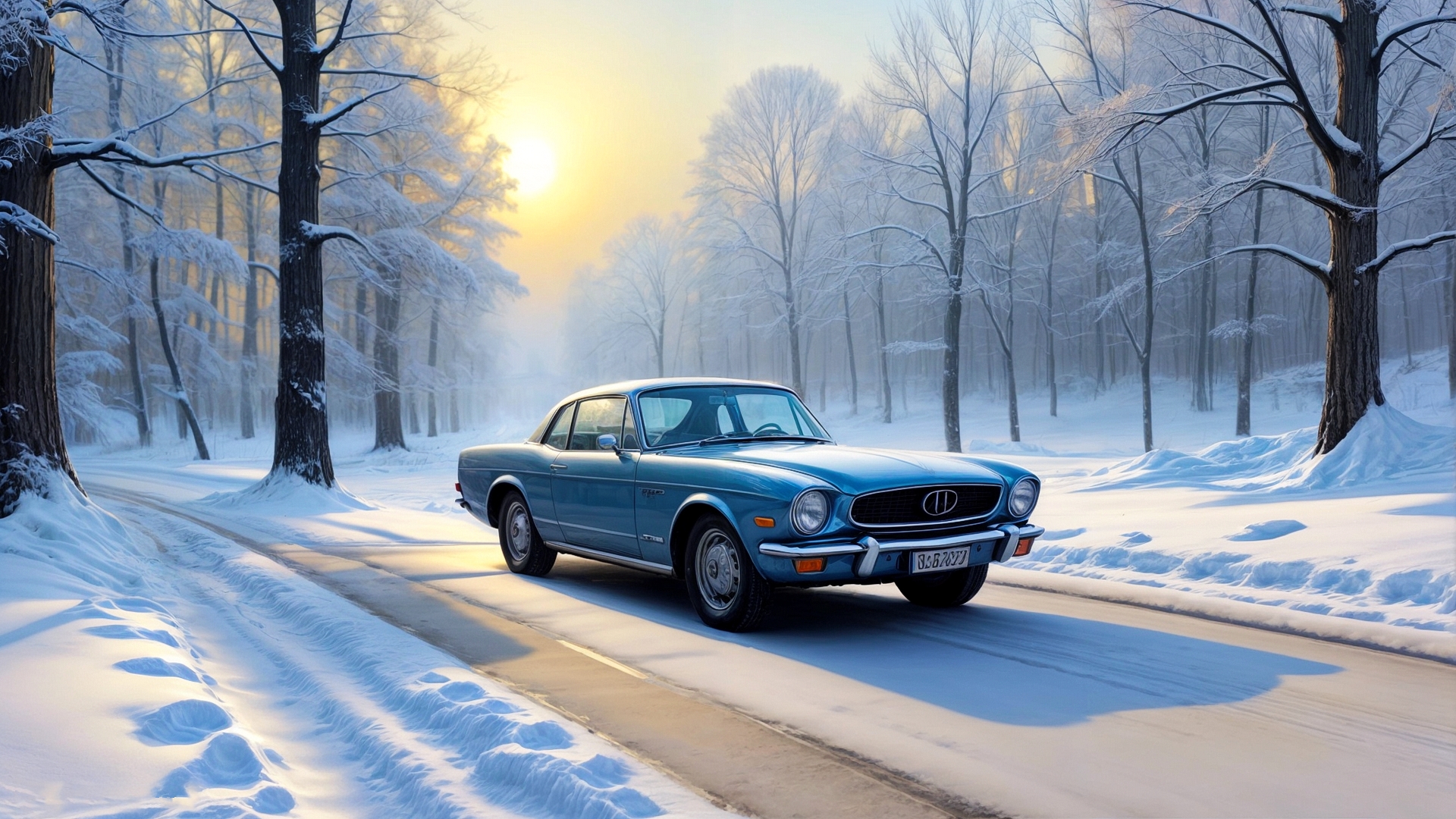 Бесплатное фото Голубой автомобиль стоит на зимней дороге