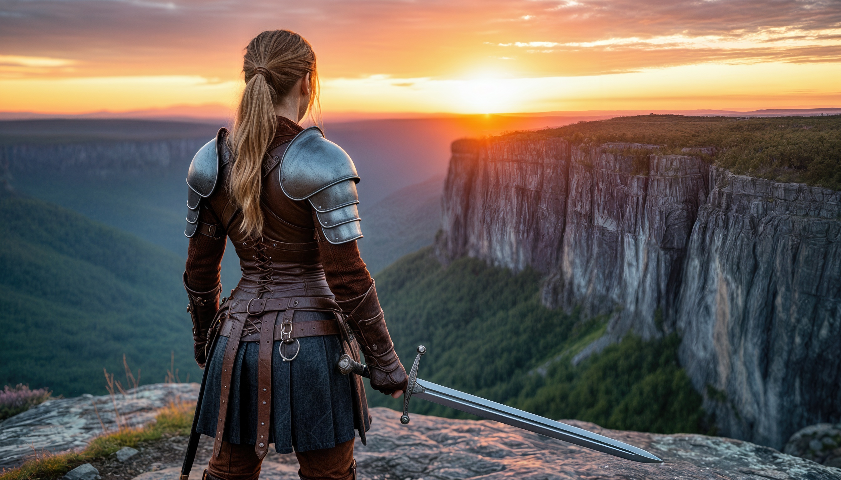Бесплатное фото Девушка в средневековом доспехах стоит на утесе и смотрит на закат, держа в руке меч.