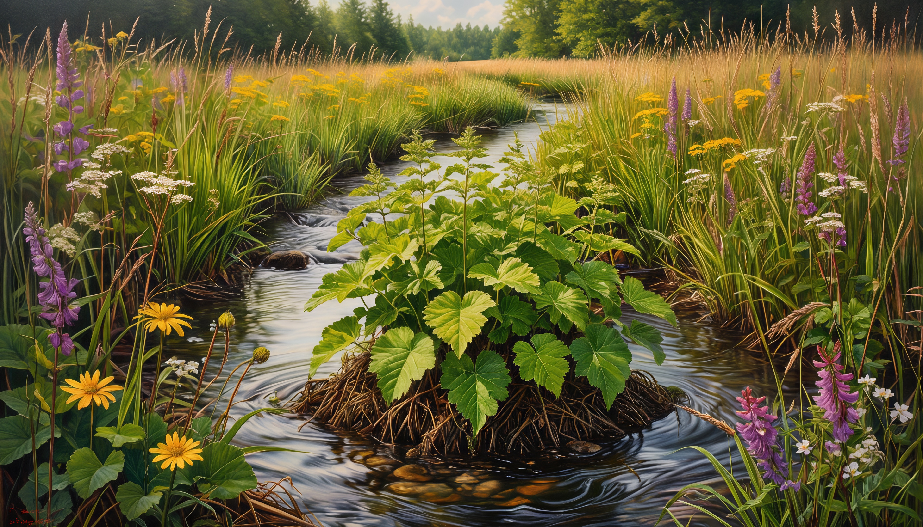 Бесплатное фото Летний пейзаж: ручей течёт среди трав и ярких полевых цветов.