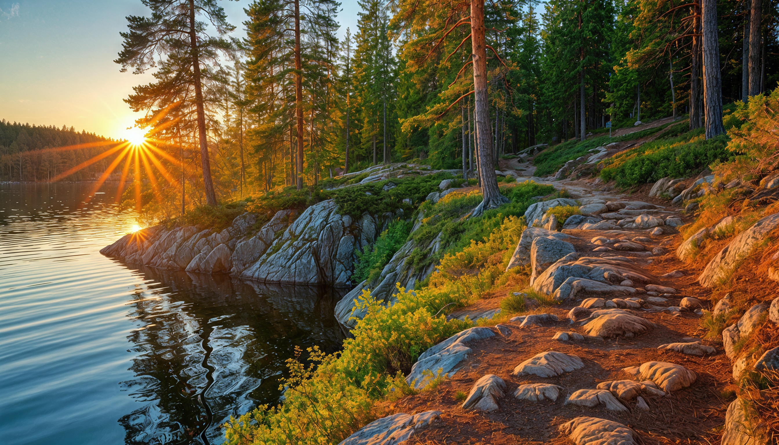 Free photo A trail along the rocky shore of the lake at sunset, surrounded by pine trees.