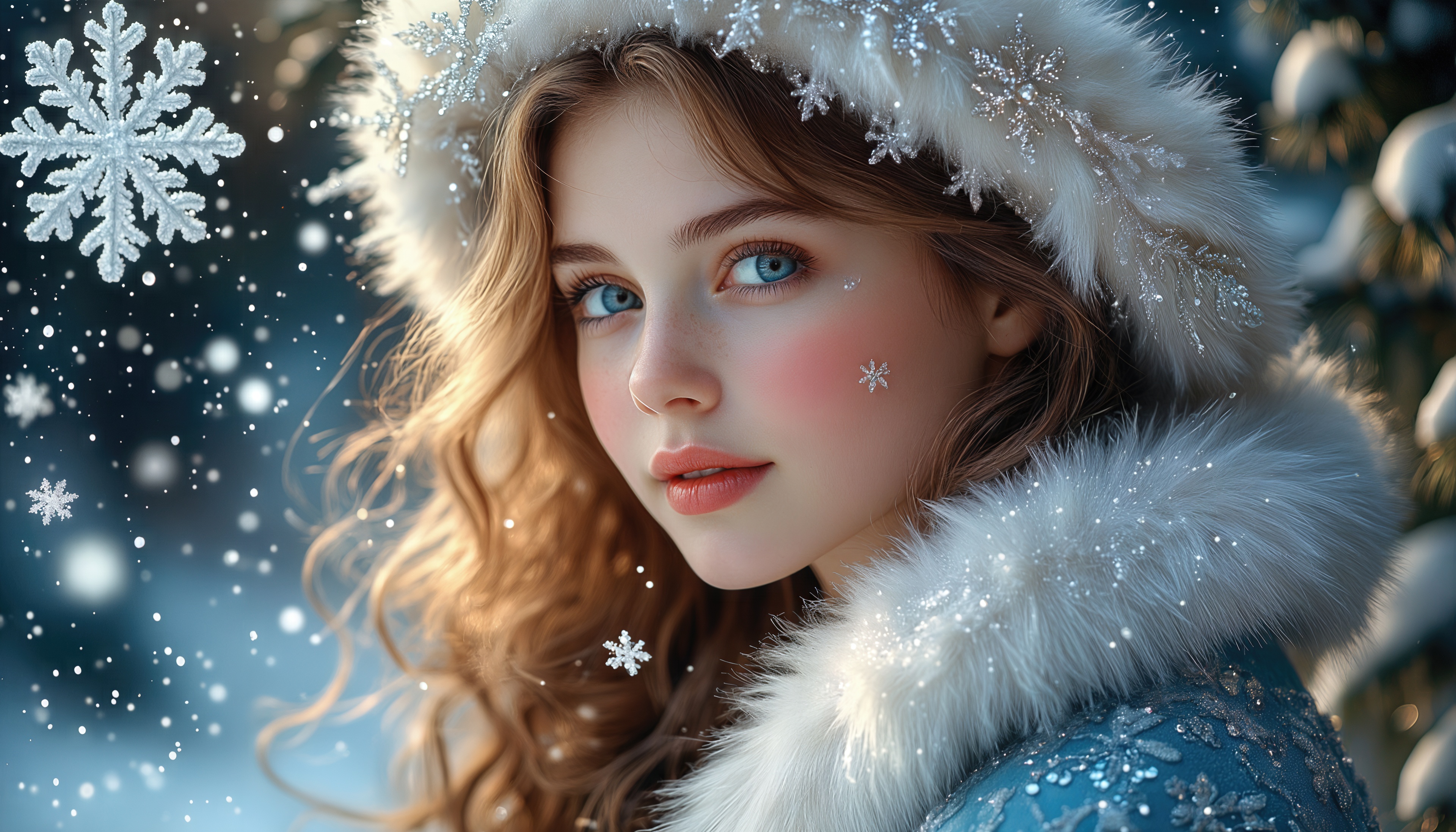 Бесплатное фото Морозная свежесть: взгляд Снегурочки на фоне снега.