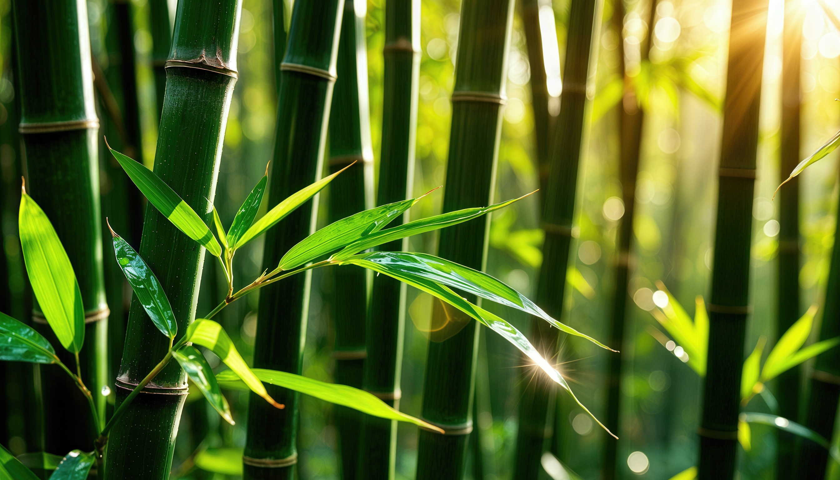 Бесплатное фото Солнечный свет пробивается сквозь бамбуковую рощу.