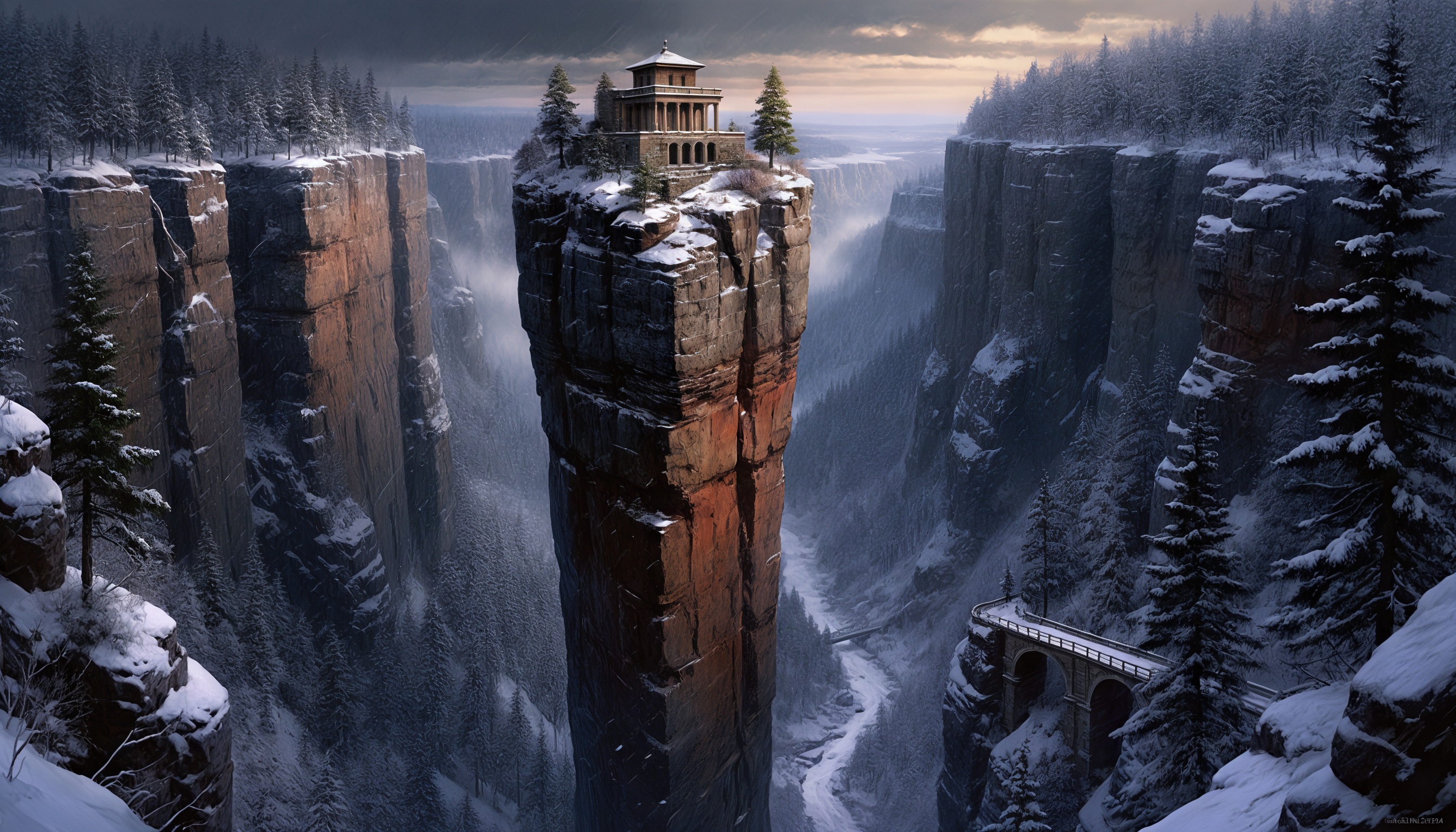 Бесплатное фото Заснеженные скалы, древний храм на вершине утёса, арочный мост над пропастью - мистический зимний пейзаж.