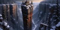Snow-covered cliffs, an ancient temple on top of a cliff, an arched bridge over a precipice - a mystical winter landscape.