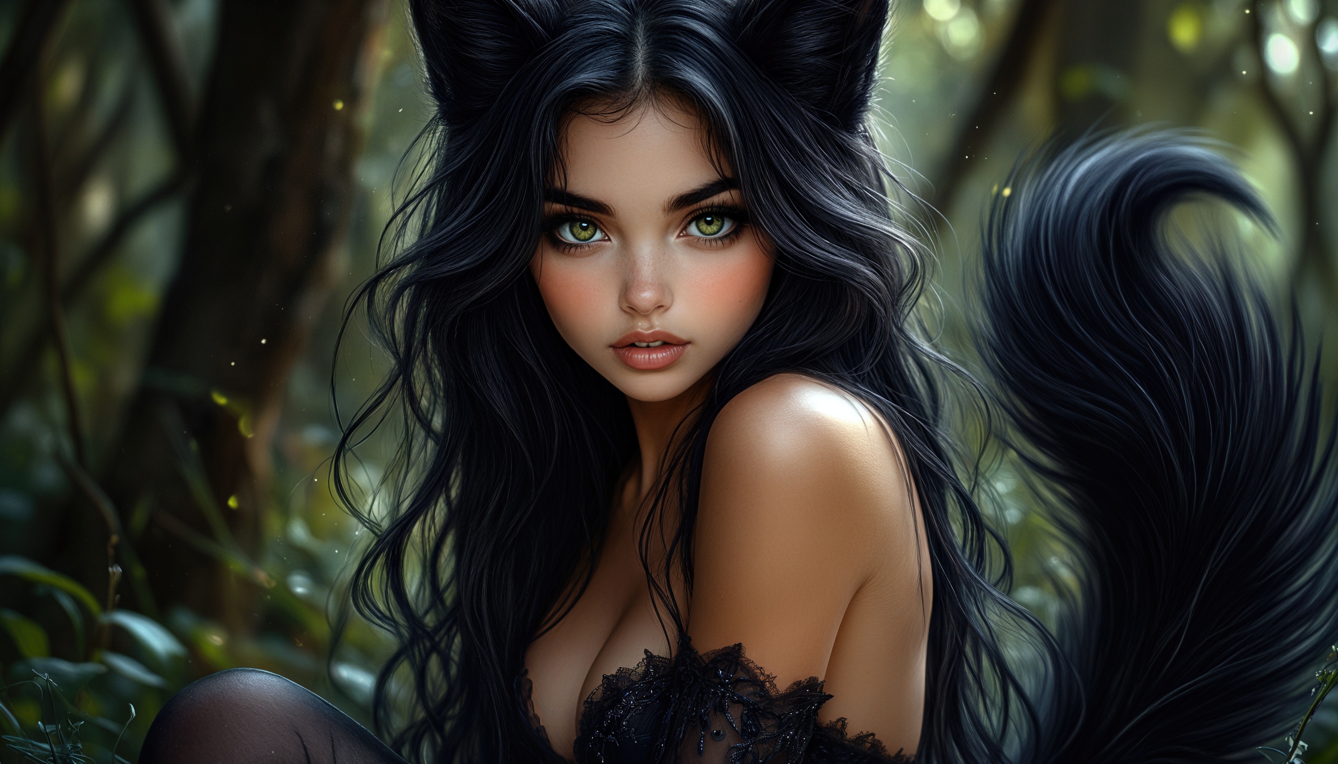 Бесплатное фото Девушка с кошачьими ушками и зелеными глазами в лесу.