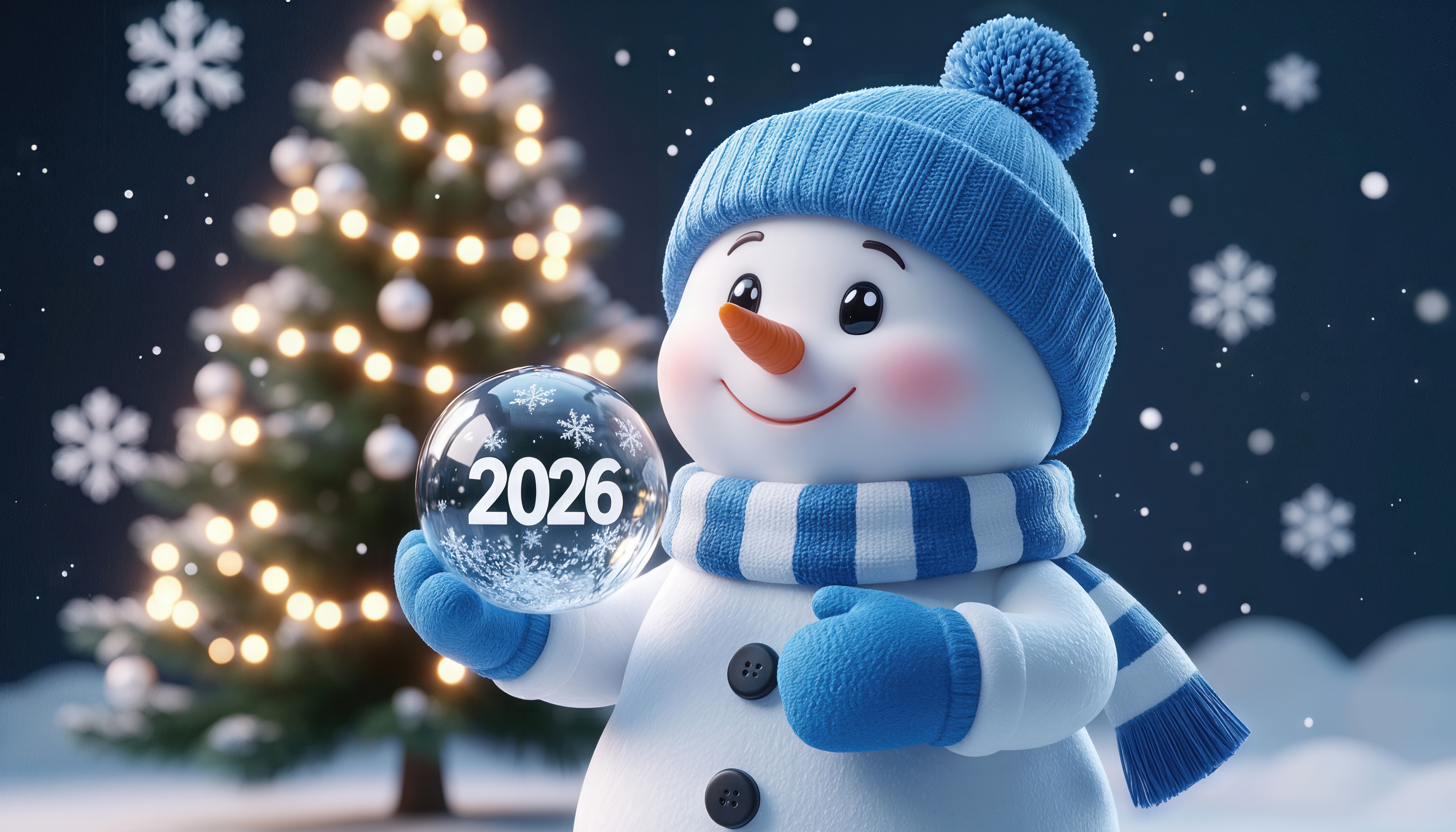 Бесплатное фото Снеговик с новогодним шаром: встречаем 2026 год!