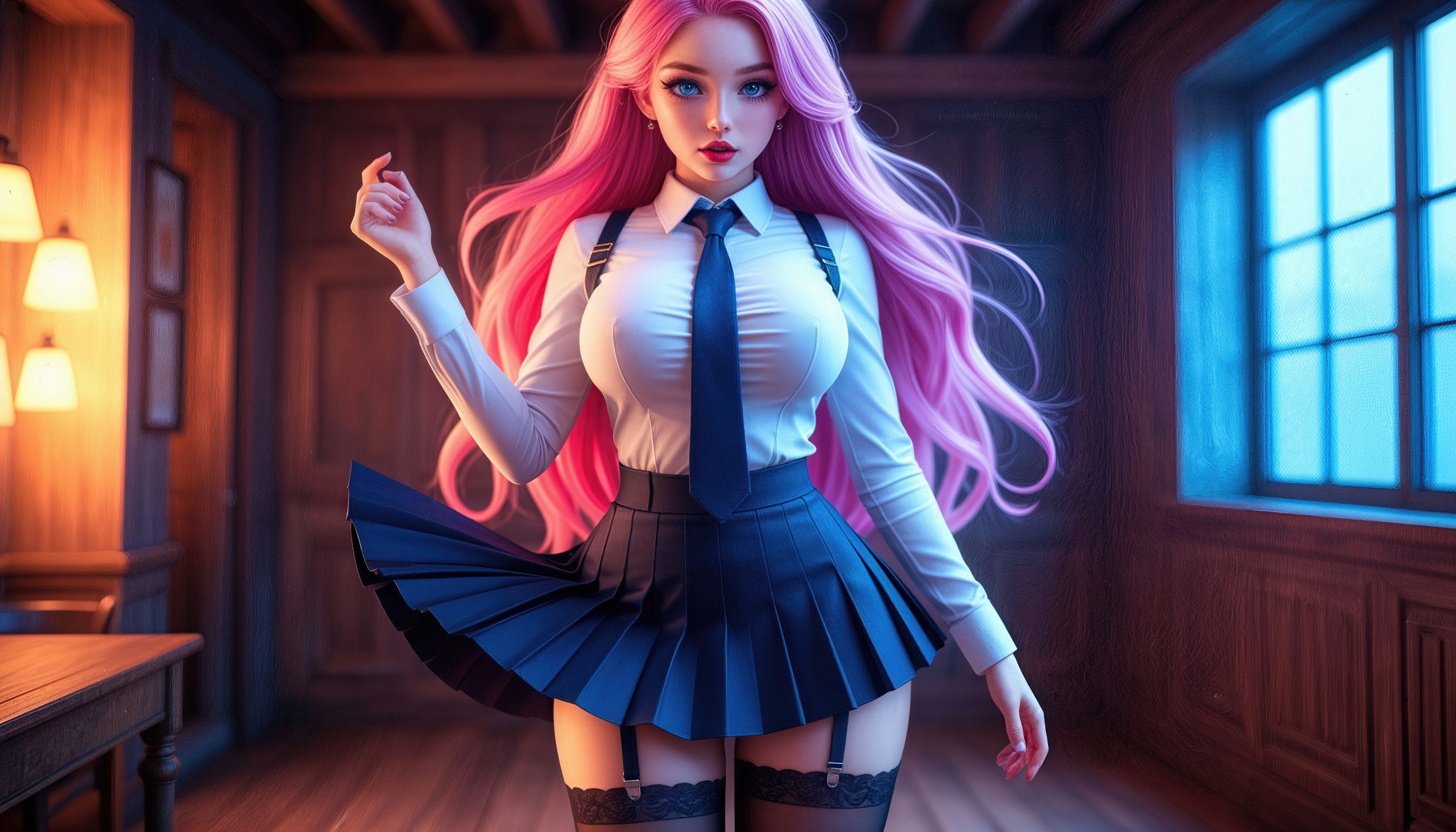 Бесплатное фото Аниме-девушка с розовыми волосами, в белой рубашке и черной юбке с подтяжками и галстуком.