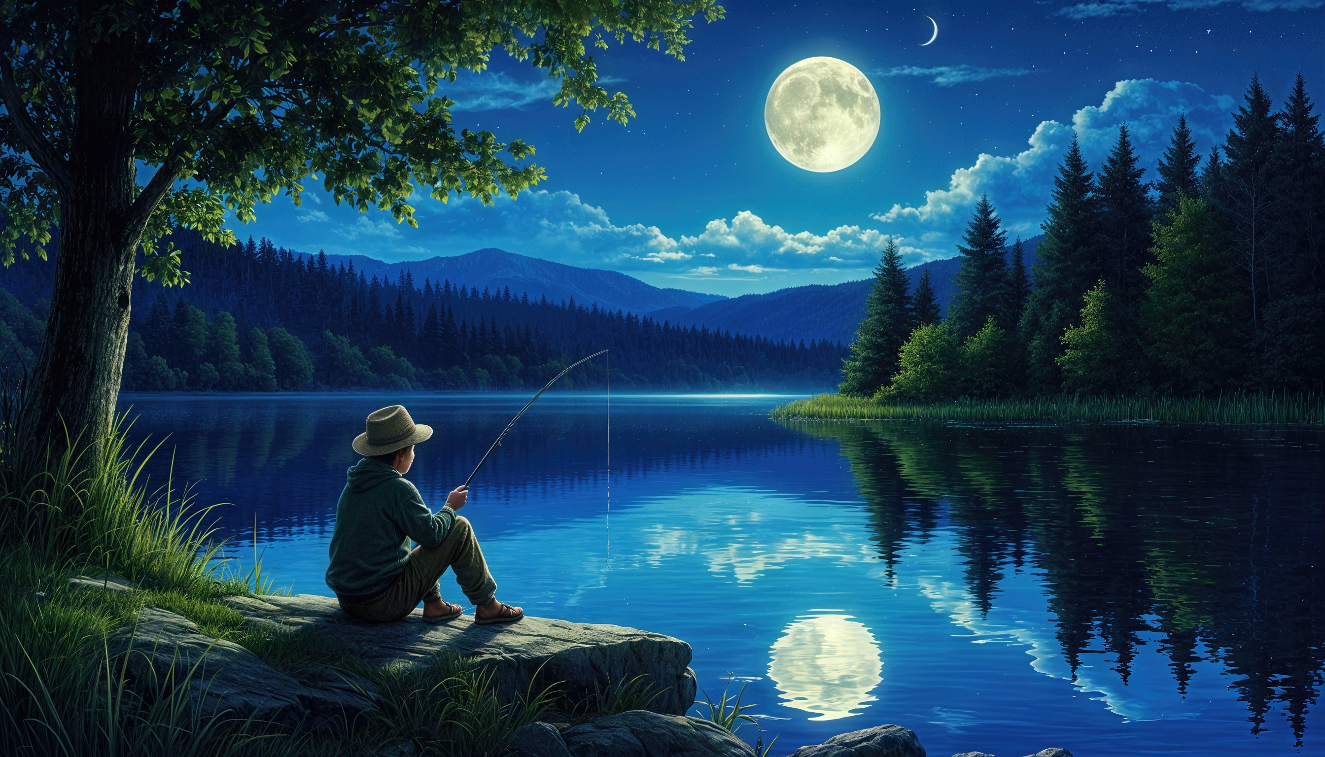 Бесплатное фото Парень сидит на берегу озера и ловит рыбу на фоне деревьев, горы и ночного неба с полной луной.