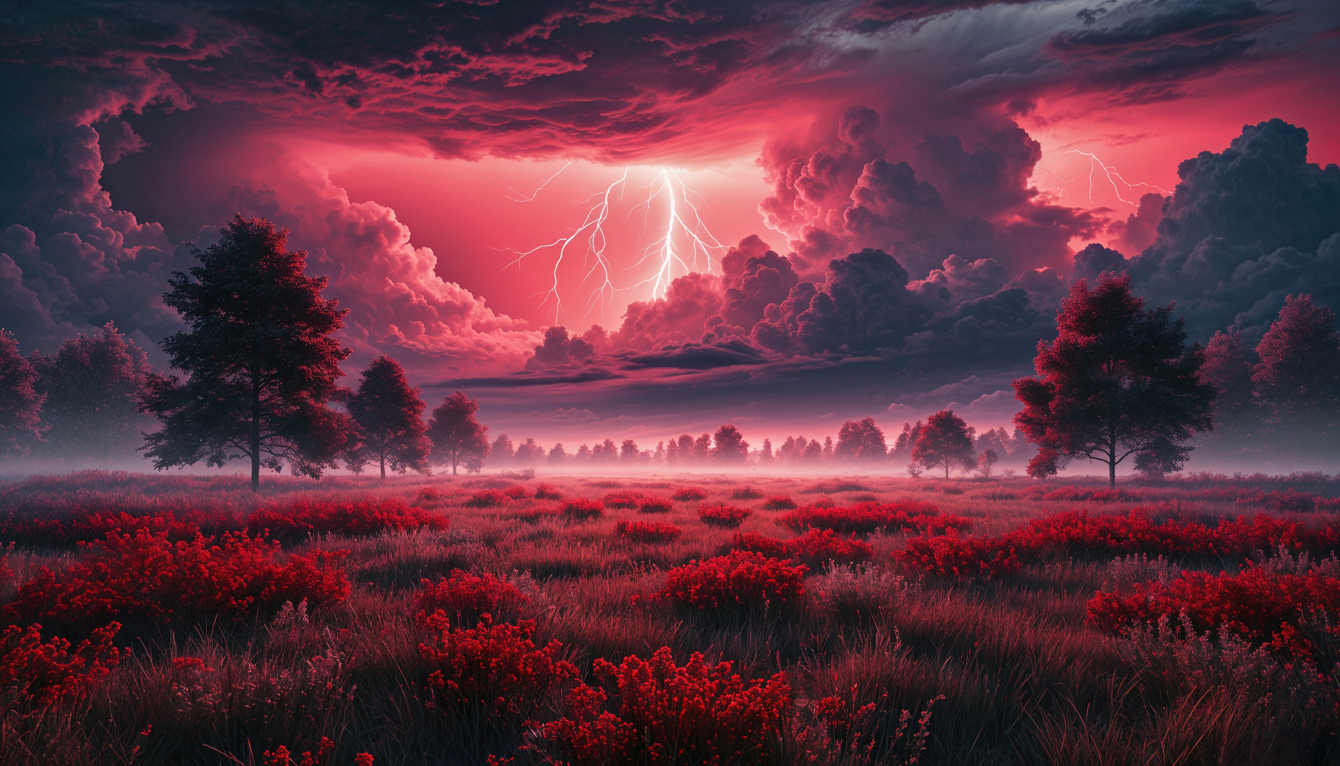 Бесплатное фото Фантастический пейзаж с ярко-красной растительностью и массивными облаками с гроздью молний.
