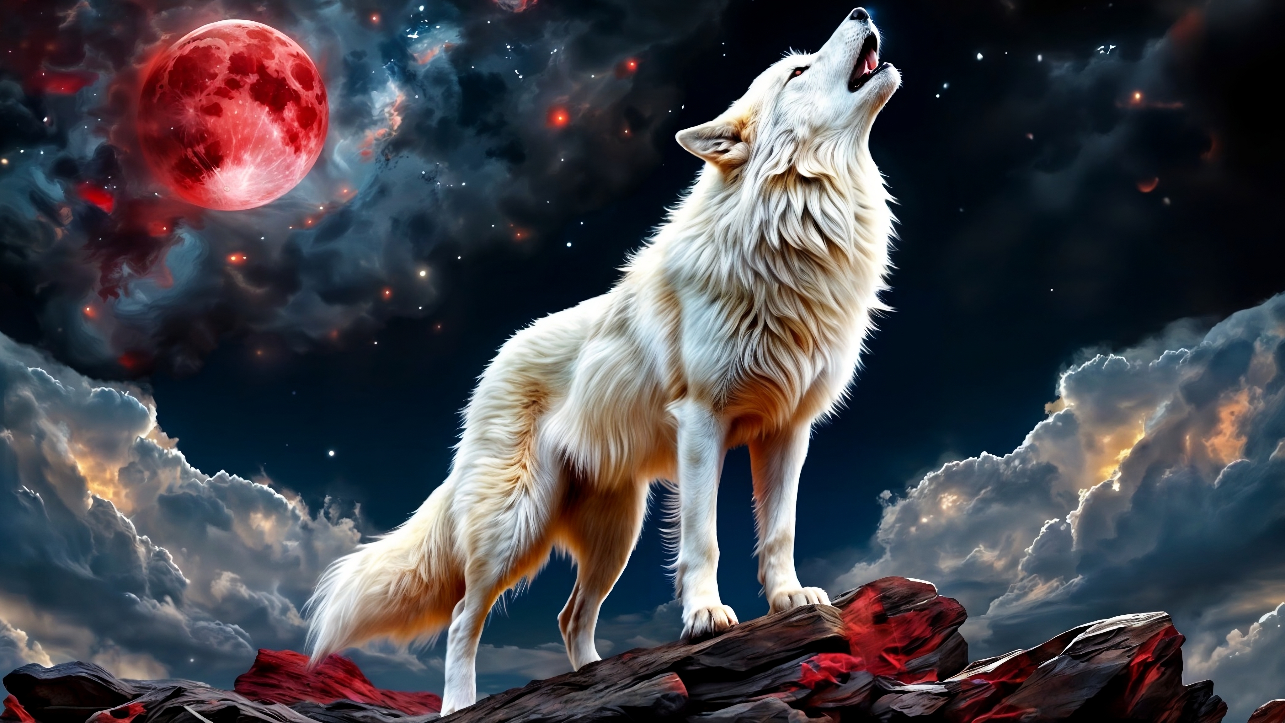 Белый волк на вершине холма воет на луну