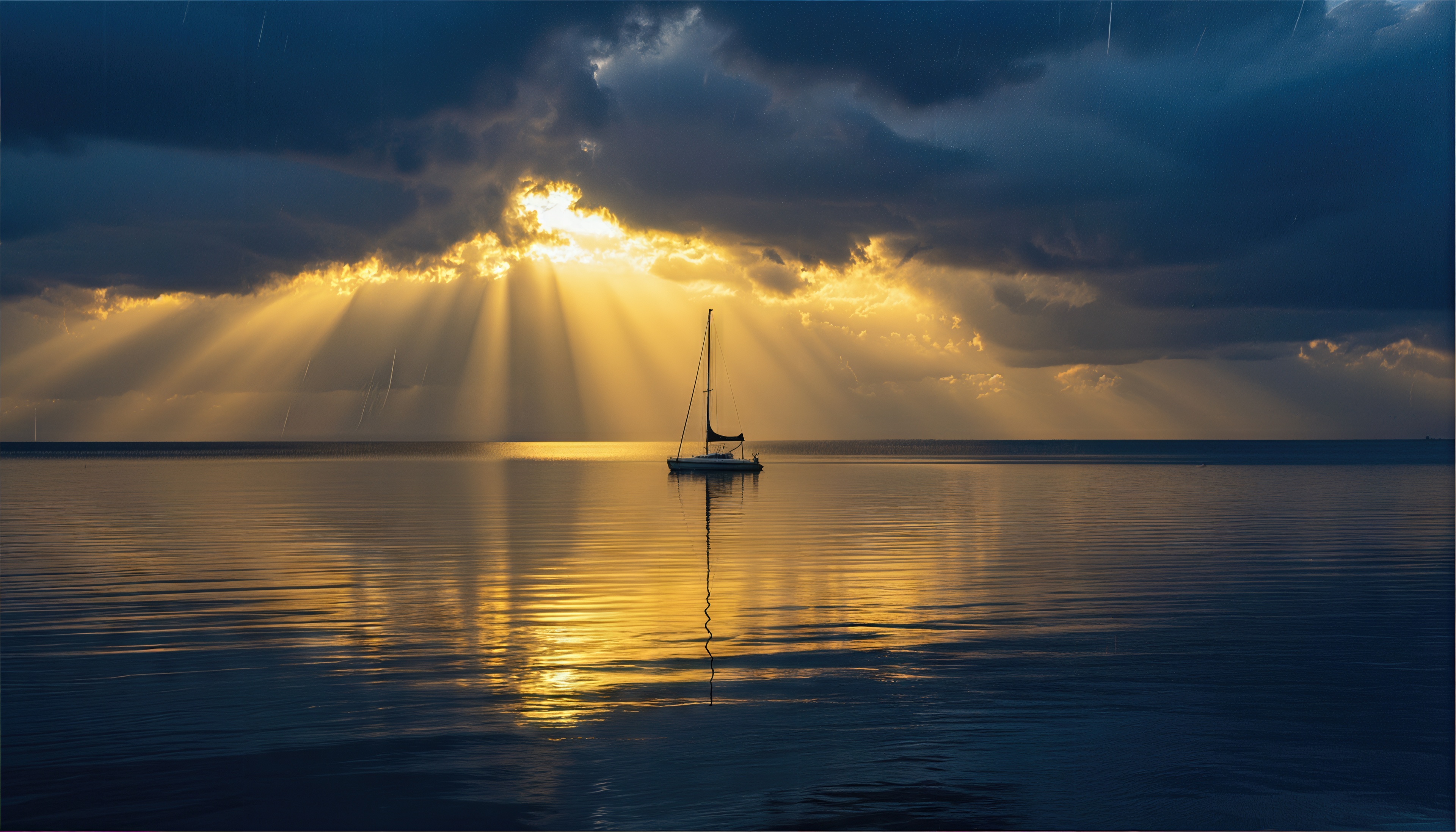 免费照片日落时的帆船：太阳的光线穿过云层。