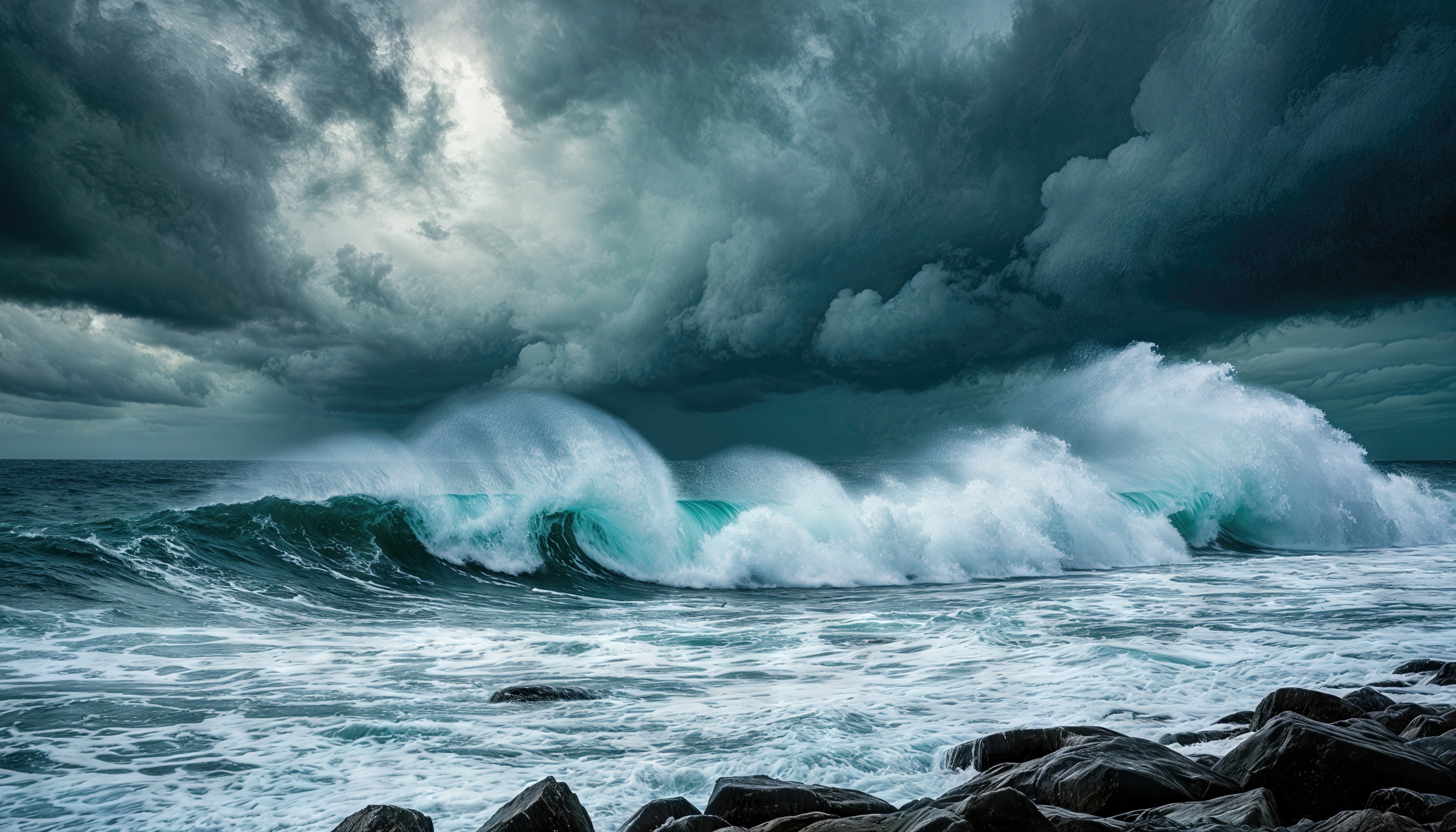 Бесплатное фото Бурное море с огромной волной, темные скалы и грозовое небо.