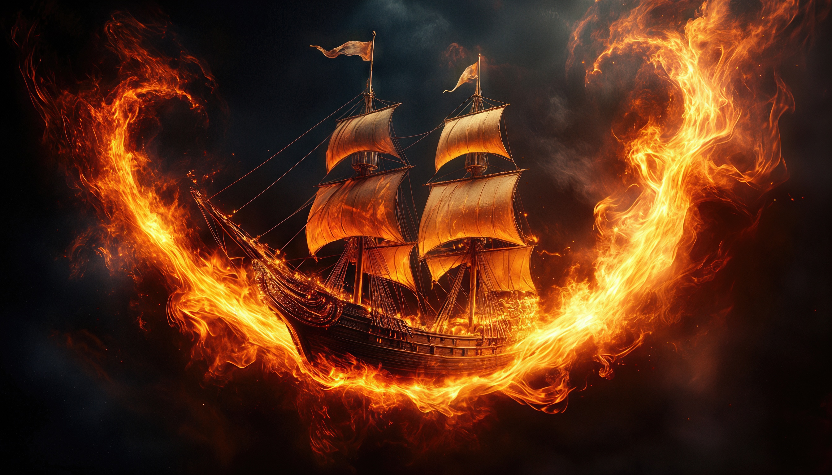 Галеон в огненном кольце парит на тёмном фоне, паруса развёрнуты, флаги трепещут в пламени.