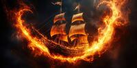 Галеон в огненном кольце парит на тёмном фоне, паруса развёрнуты, флаги трепещут в пламени.