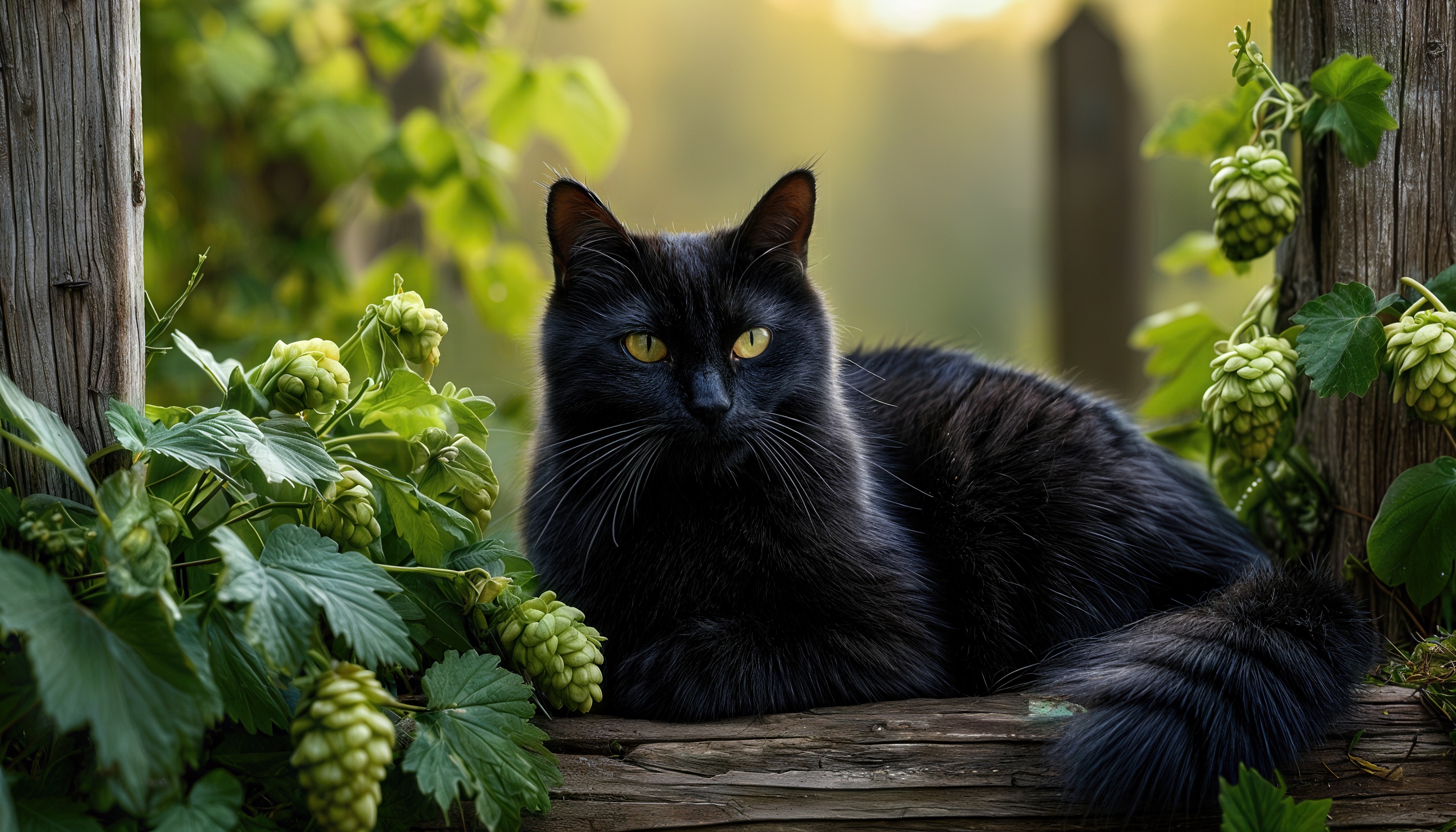 Бесплатное фото Черный кот с желтыми глазами лежит на деревянной поверхности среди зеленых листьев и шишек хмеля.