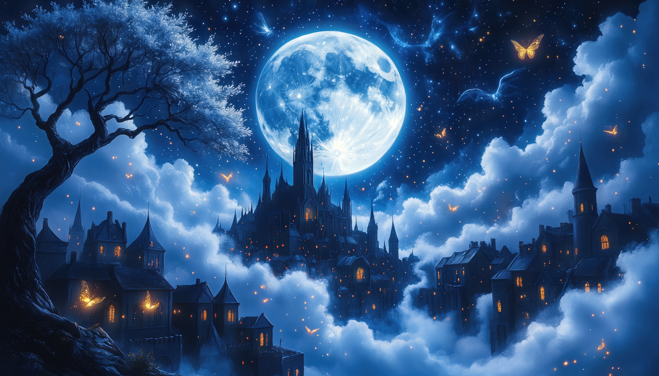 Бесплатное фото Замок в облаках с бабочками и звездным небом.