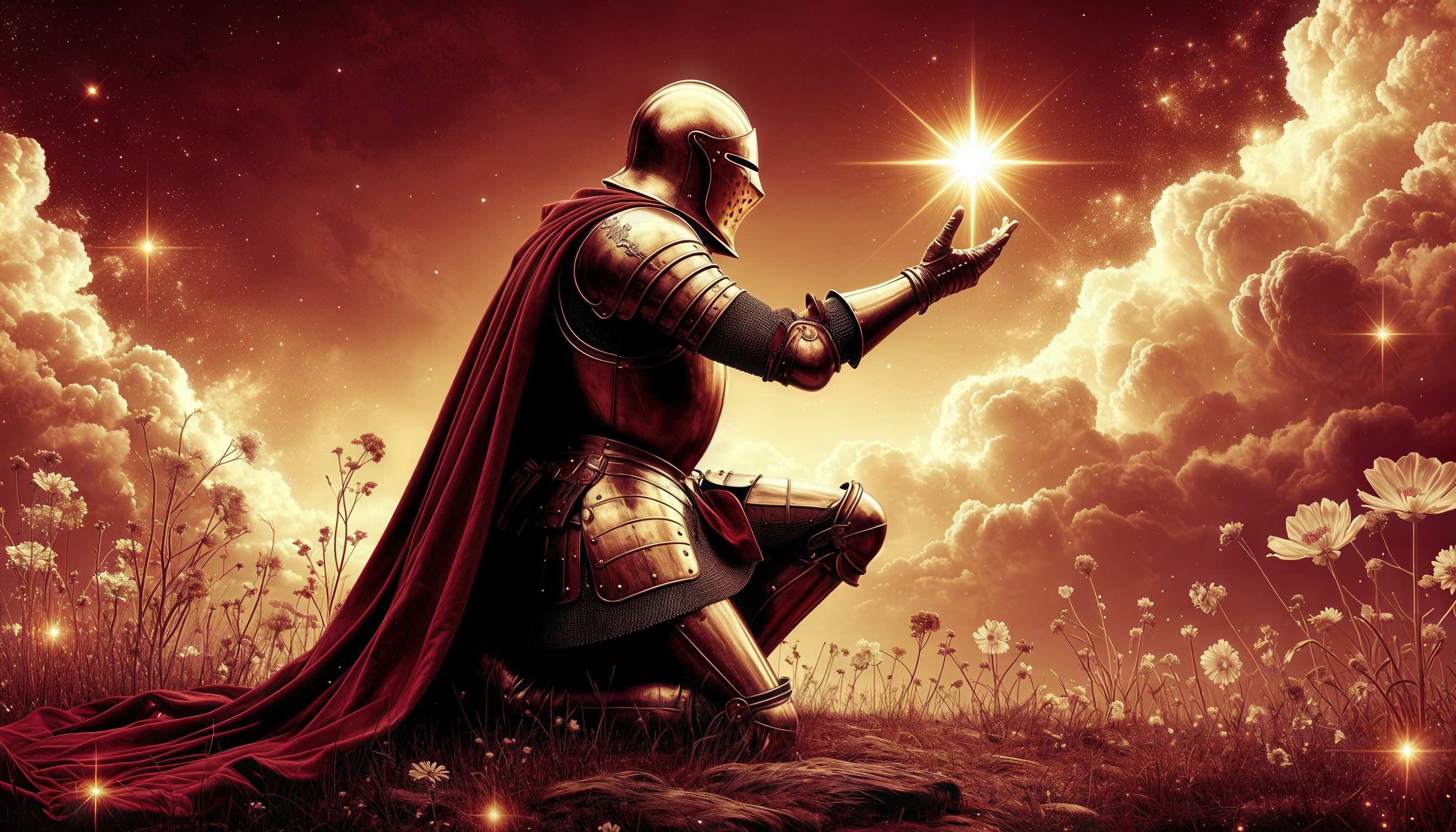 Бесплатное фото Рыцарь в доспехах на коленях протягивает руку к светлячку на фоне звездного неба и облаков.