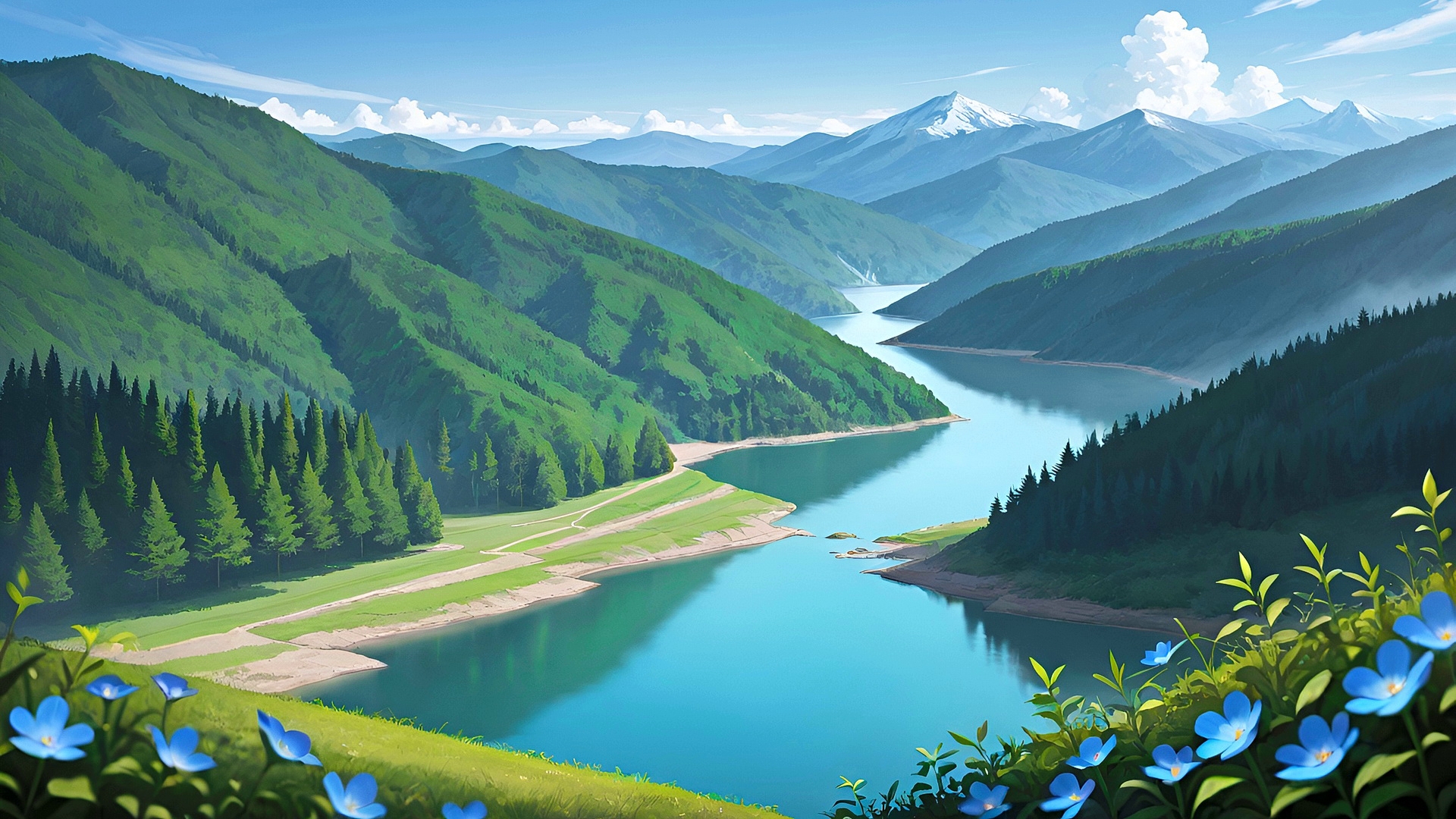 Бесплатное фото Красивый летний пейзаж и голубые цветы на переднем плане