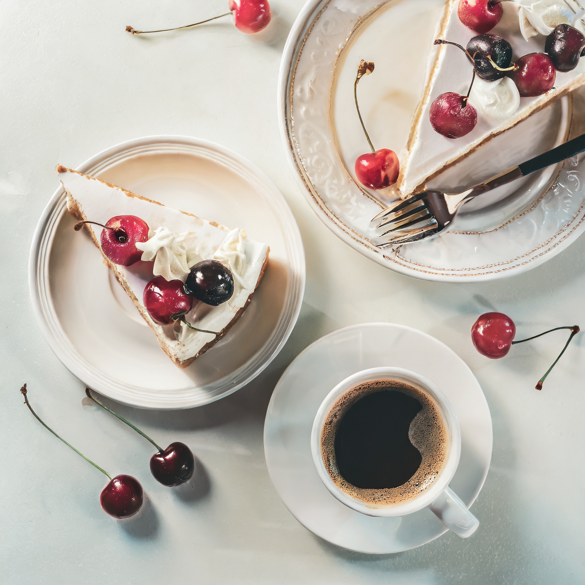 Free photo A cup of cappuccino coffee next to a plate with a slice of cream cake.