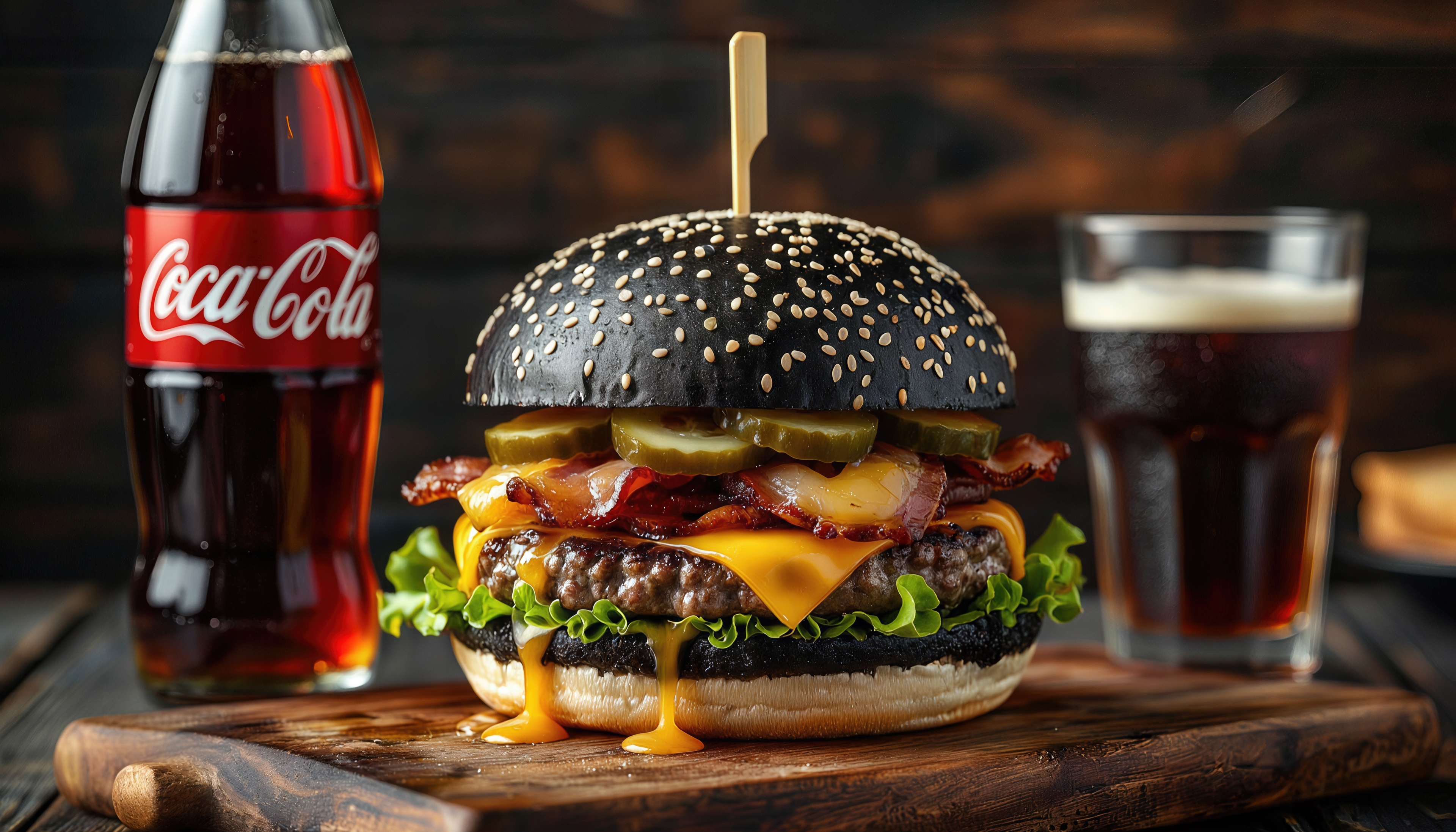 Free photo The cult of gastronomic hedonism: the aesthetics of the craft burger and Coca-Cola as a symbol of fleeting earthly pleasure.