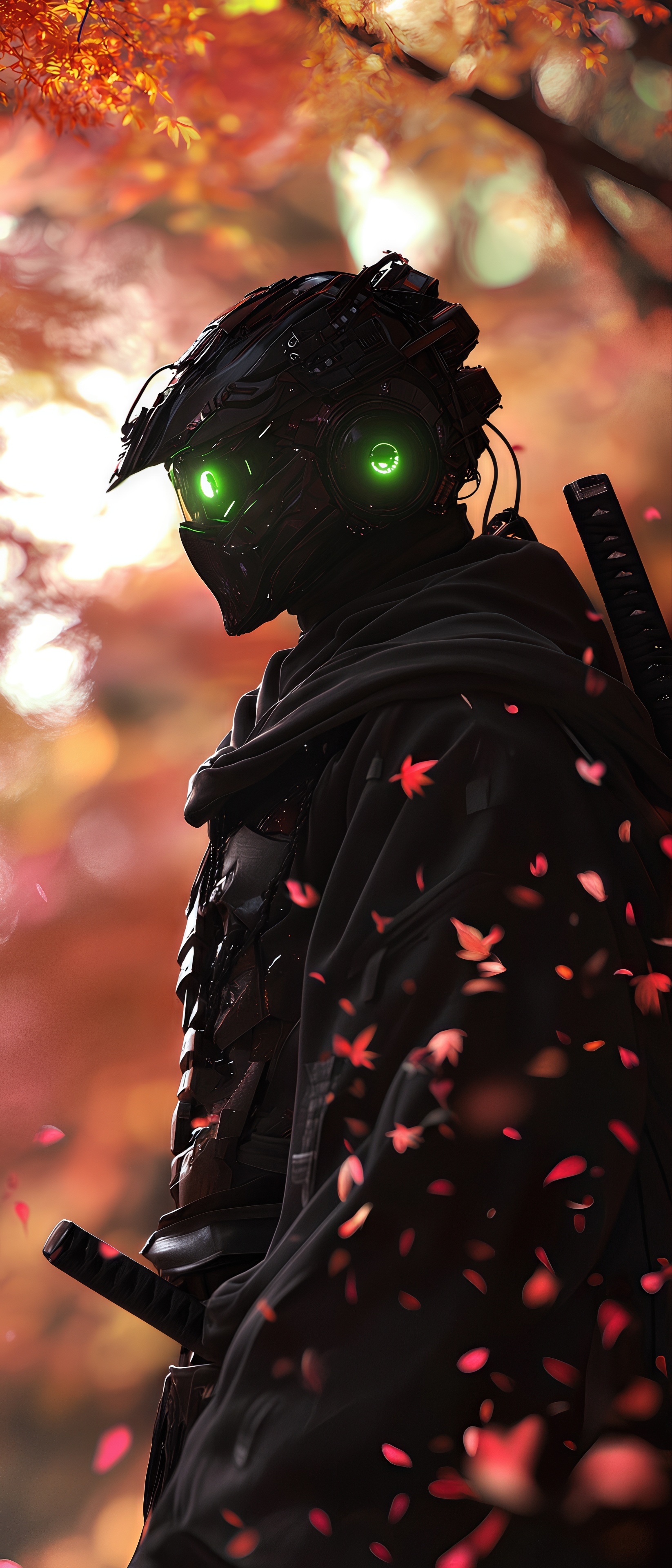 Free photo Cybersamurai in the autumn forest, katana on his belt, eyes glowing green.