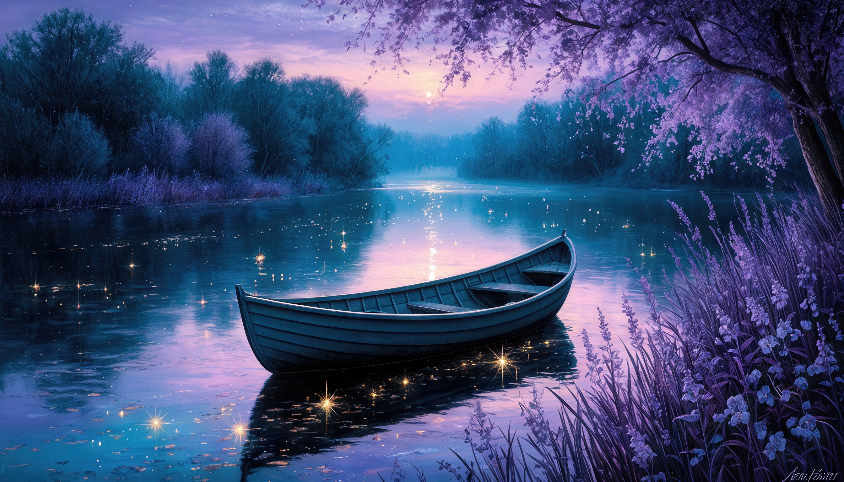 Бесплатное фото Романтический и сказочный вид лодки, плавно скользящей по спокойной воде под отражением звезд и луны.