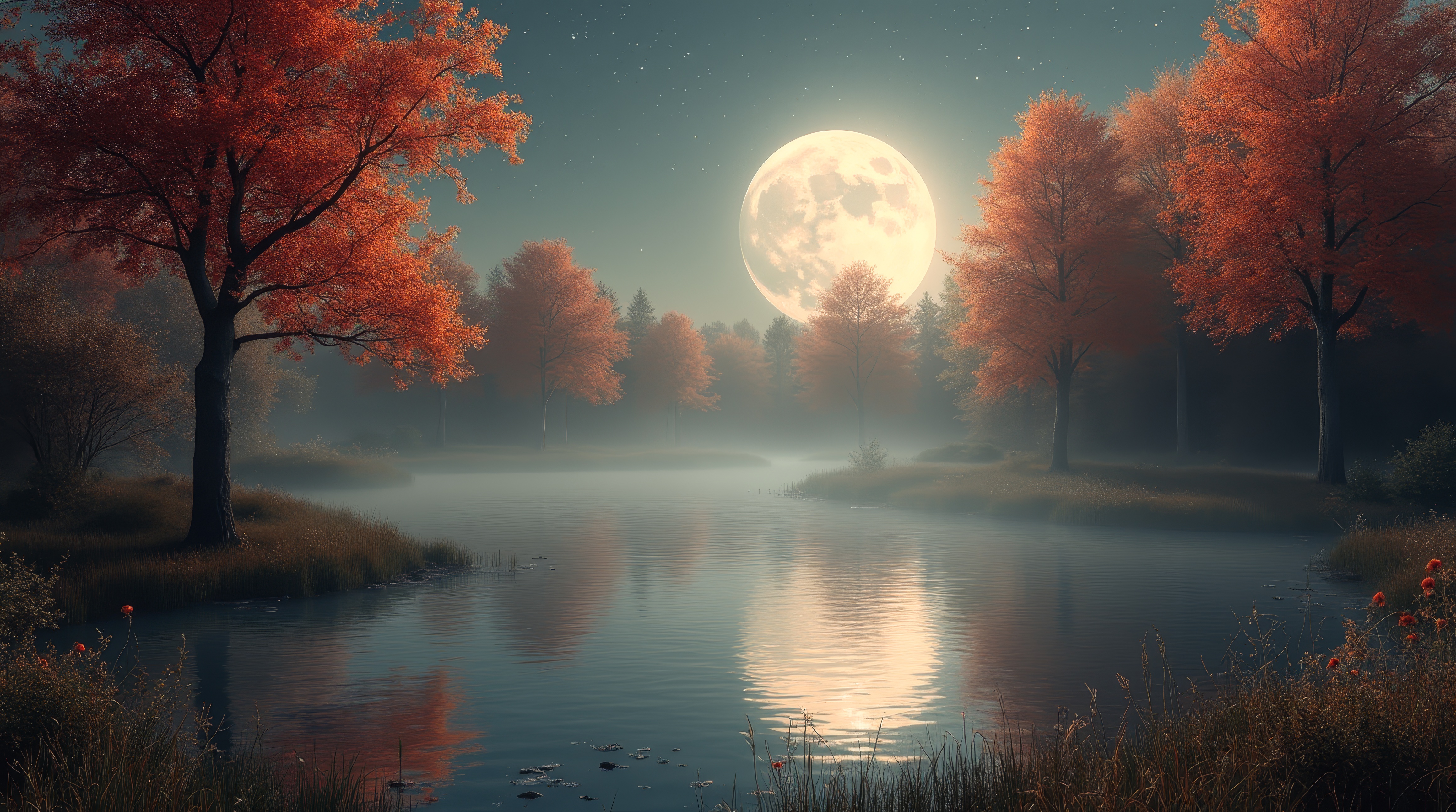 Картина с изображением ночной реки в окружении деревьев