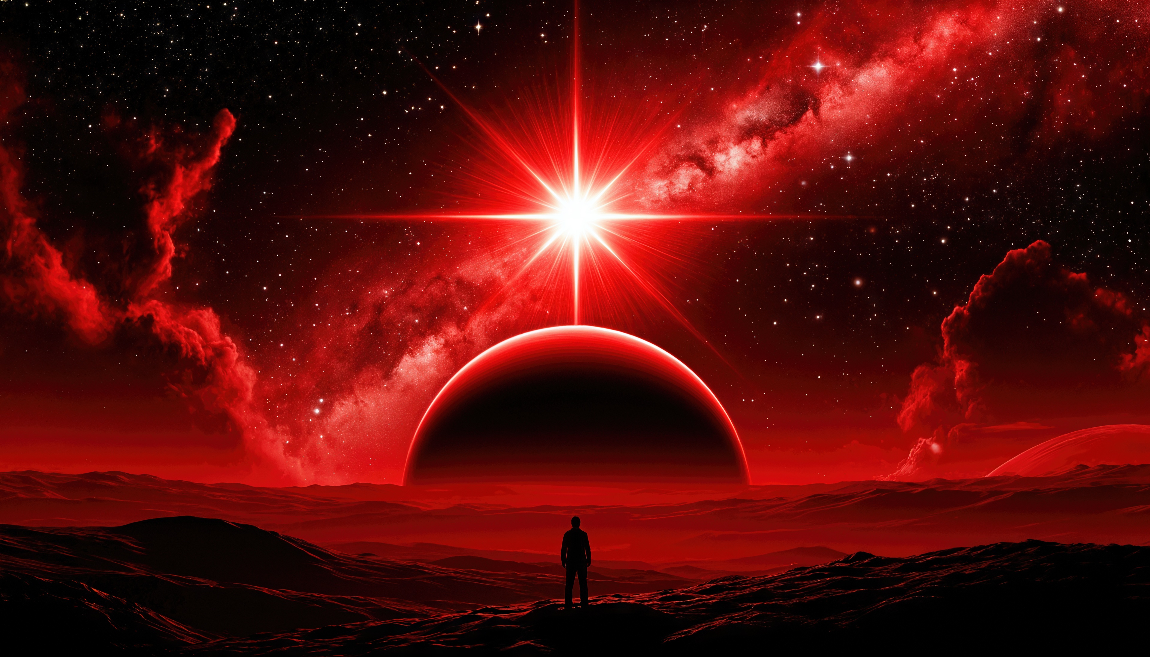 Бесплатное фото Силуэт человека на фоне красной планеты и сияющей звезды в космосе.