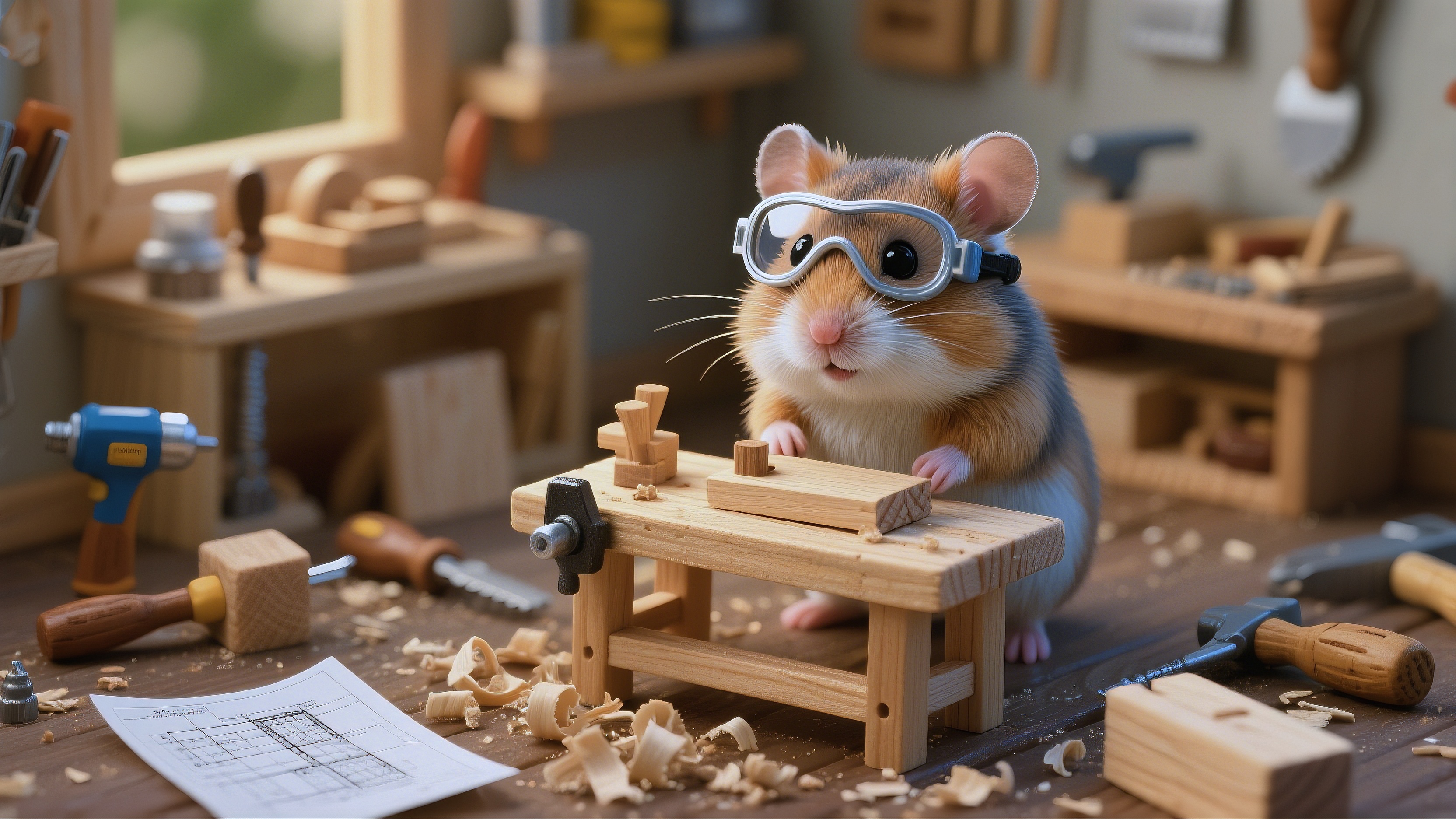 免费照片一只玩具老鼠坐在木桌上，周围摆满了工具