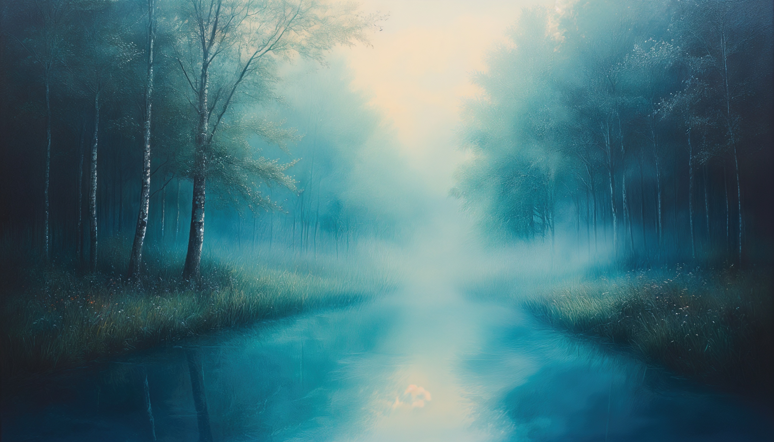 Бесплатное фото Туманная река петляет в берёзовой роще, отражая мягкий свет в зеркальной глади, окутана прохладной дымкой.