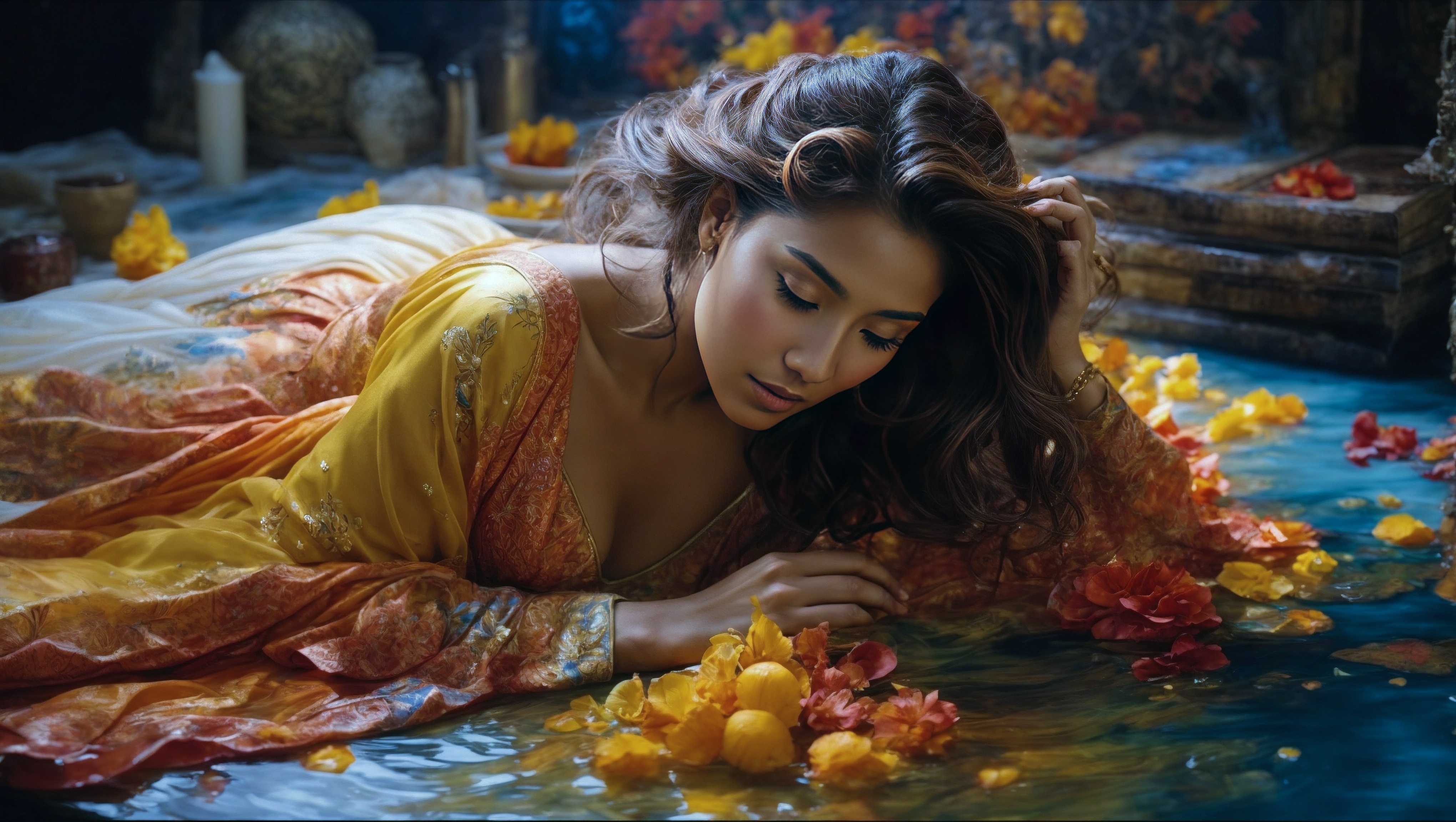 Free photo A woman in yellow laying on a pond with flowers