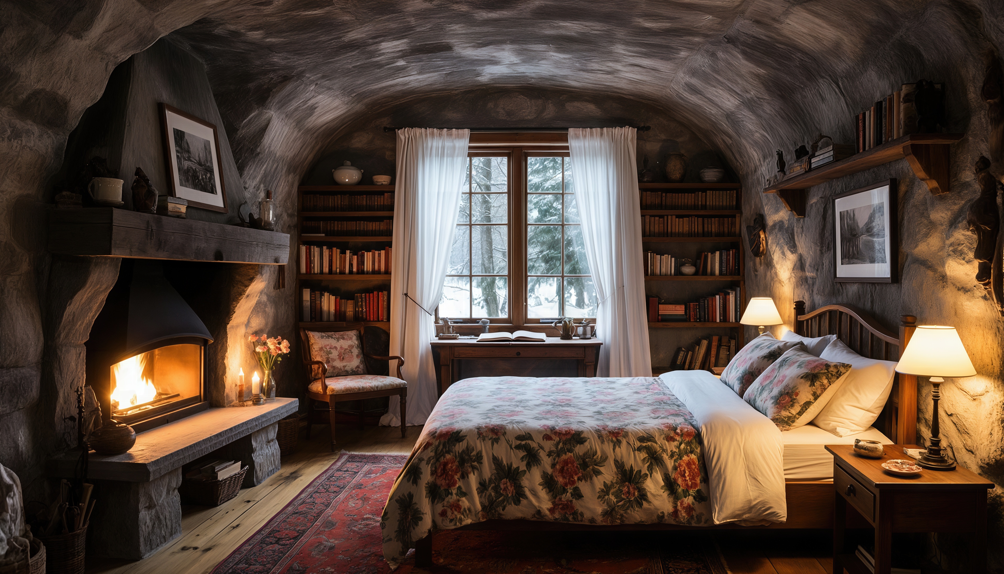 Free photo A cozy bedroom in a stone cave with a burning fireplace, a large library and a snow-covered view from the window.