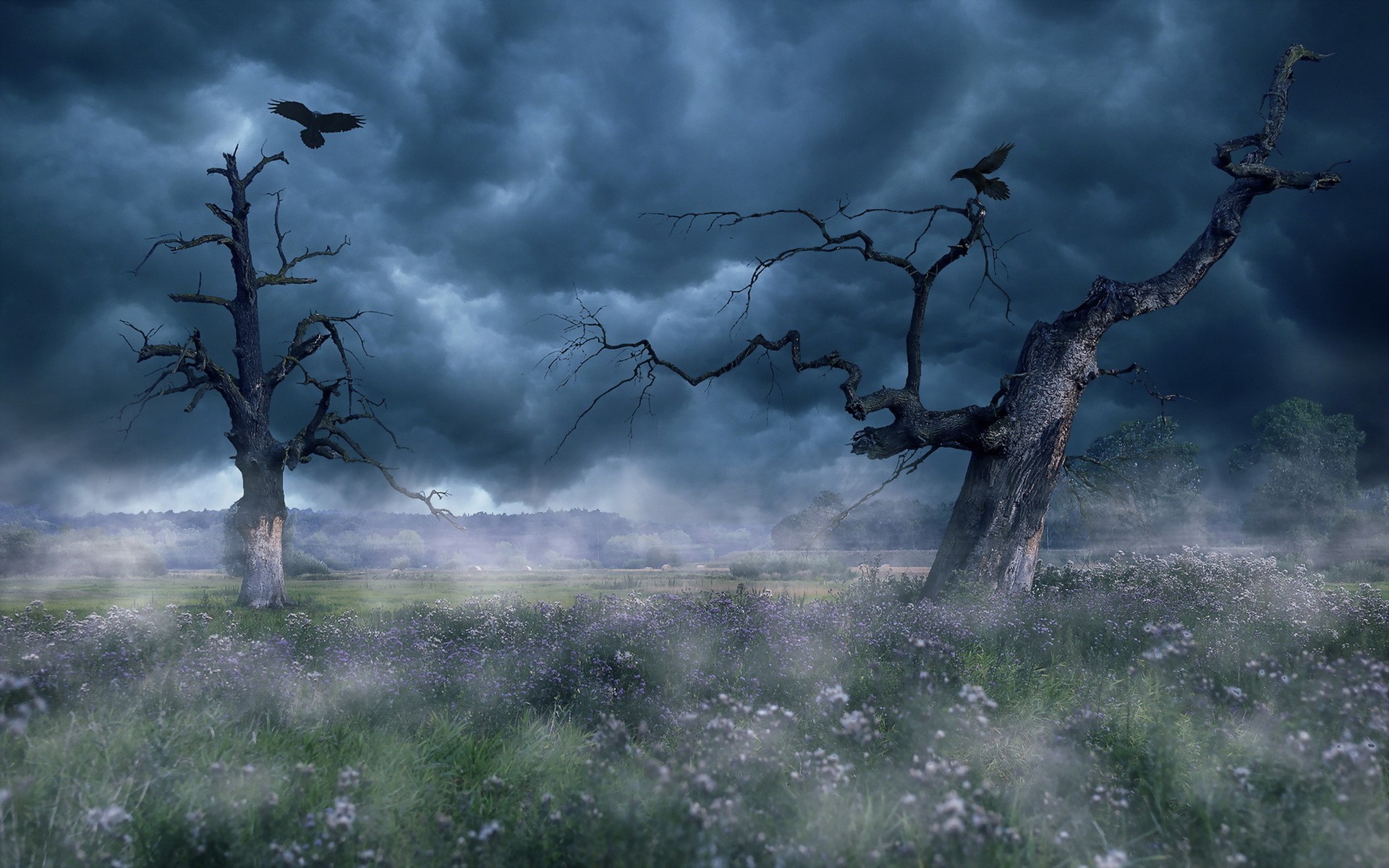 Бесплатное фото Два сухих дерева на фоне грозового неба, на фоне зелёной травы и цветов.