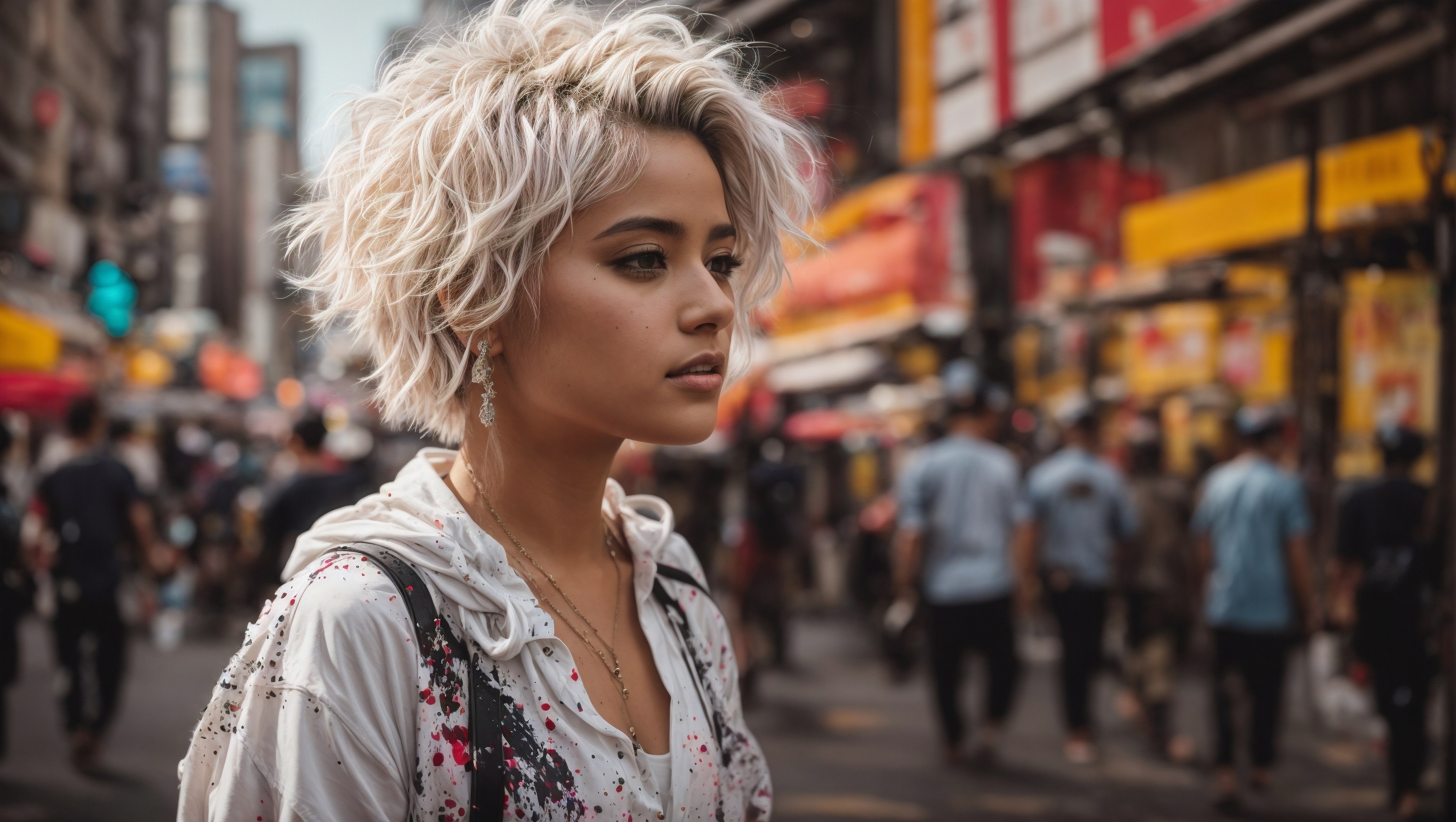 Free photo A woman with short hair stands in the middle of a busy street