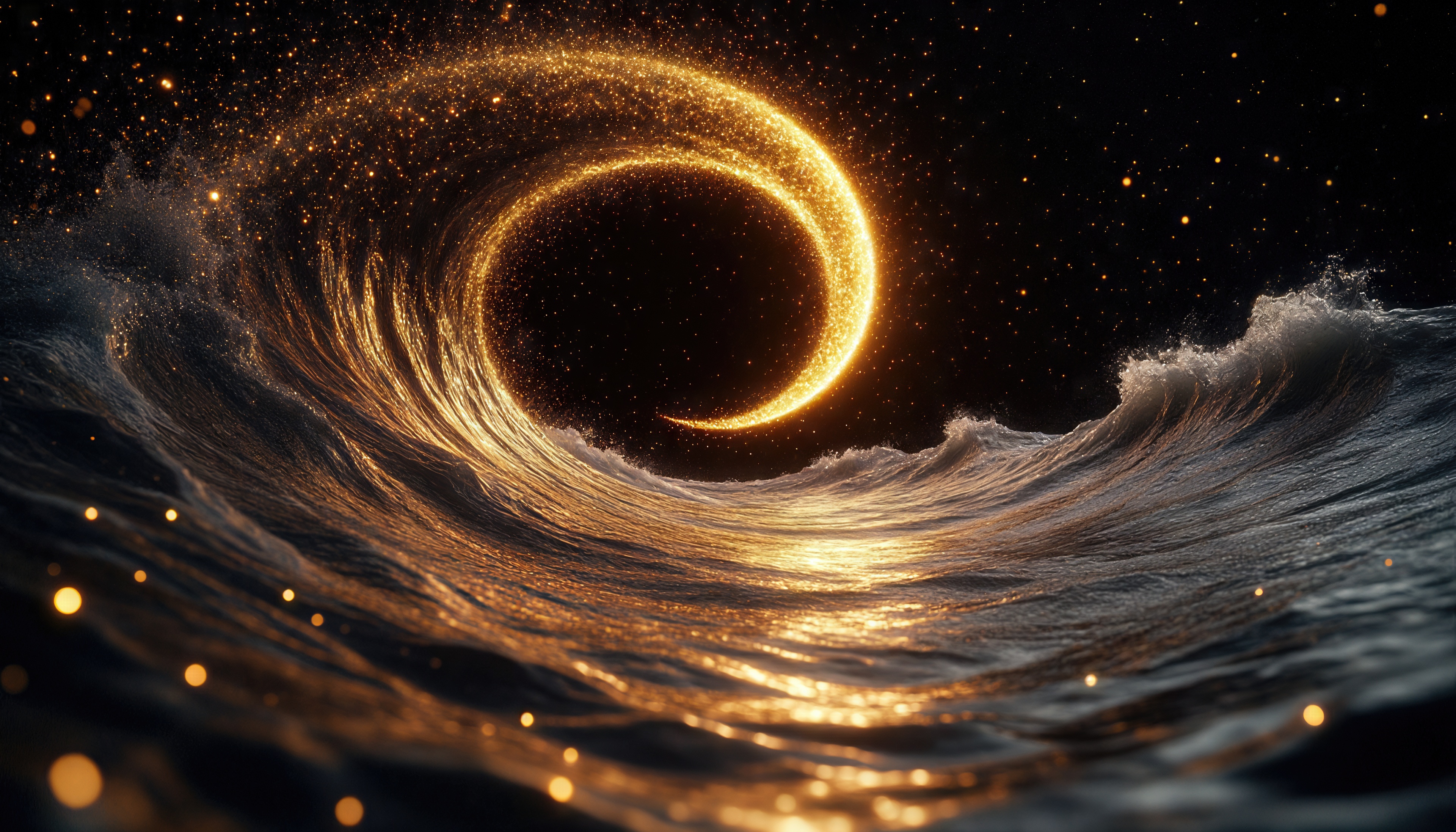 免费照片魔波漩涡成螺旋状，在星星的背景下勾勒出一个金色的新月。