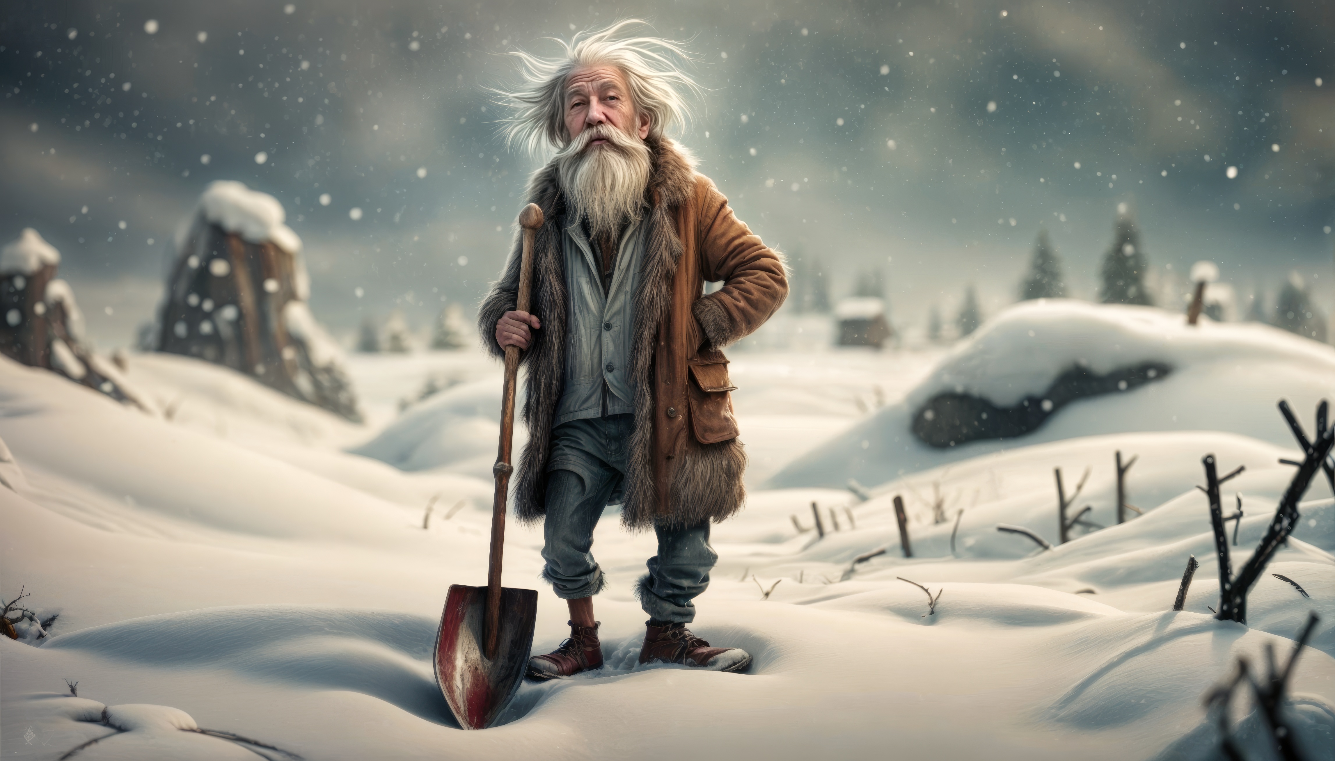 Старик идет по заснеженному пейзажу.