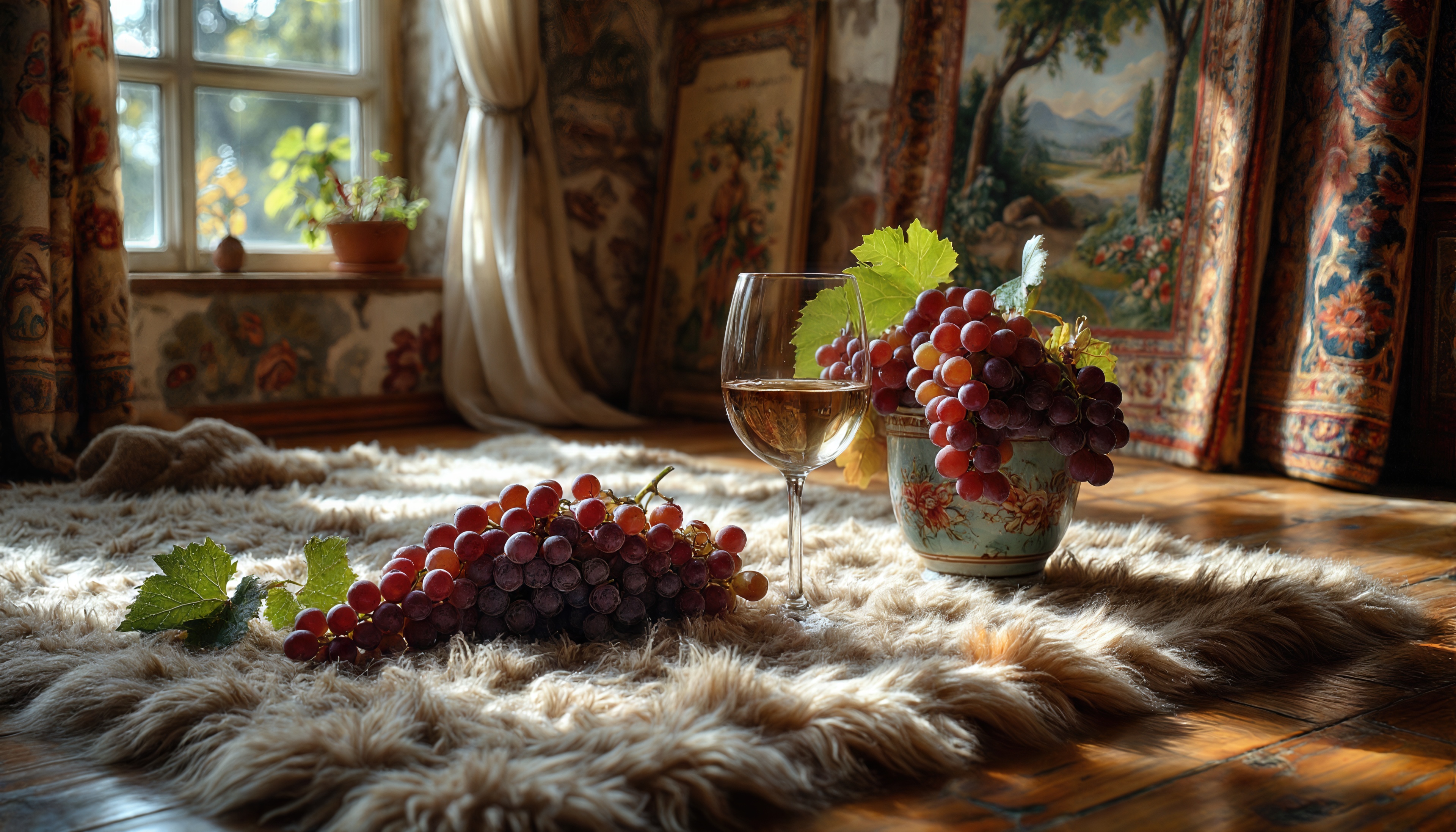 Бесплатное фото Бокал вина и гроздья винограда на пушистом ковре в солнечном интерьере - уютный натюрморт.