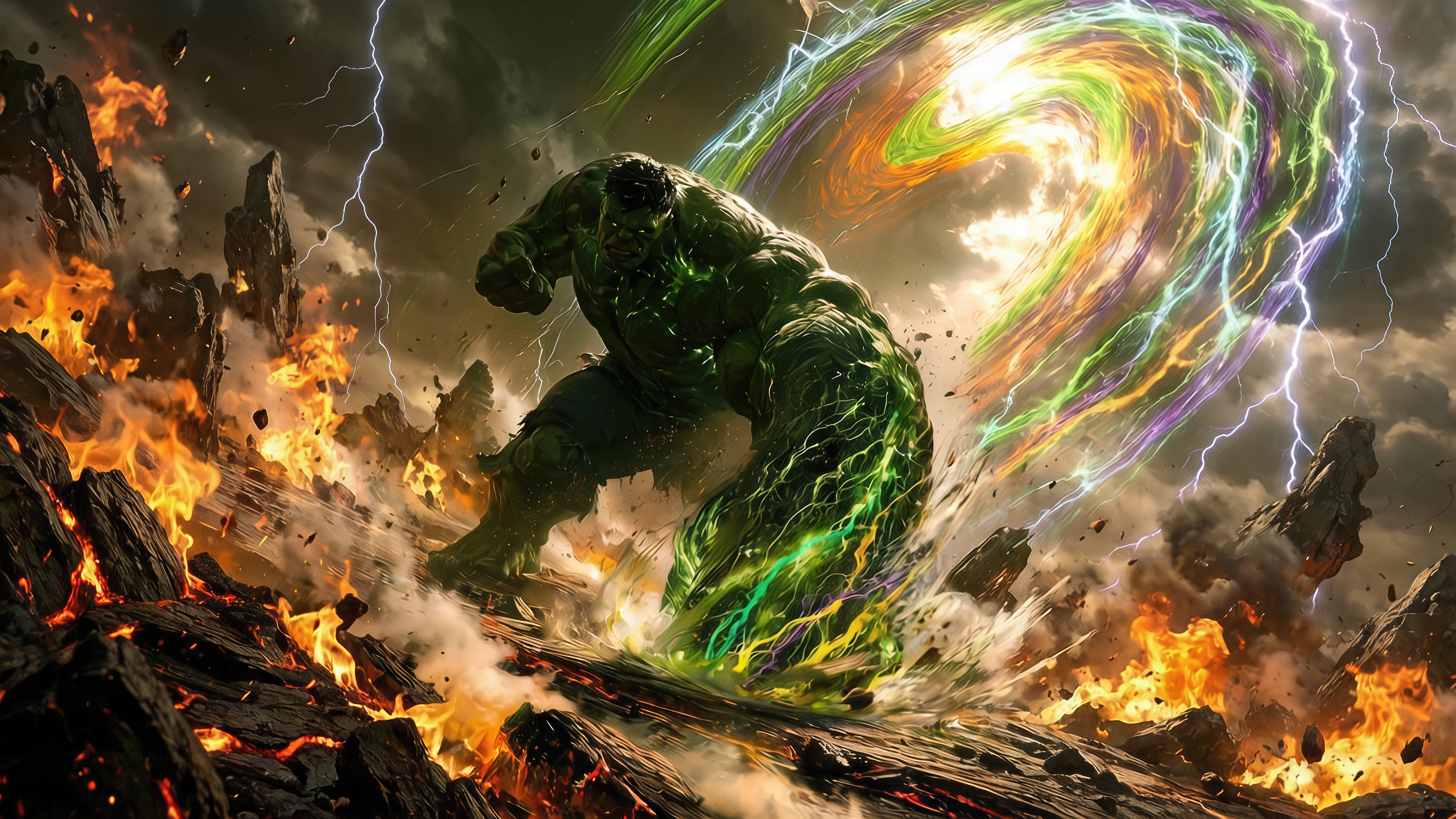 Бесплатное фото Халк (Hulk) атакует на фоне пылающей лавы и мощного энергетического вихря.
