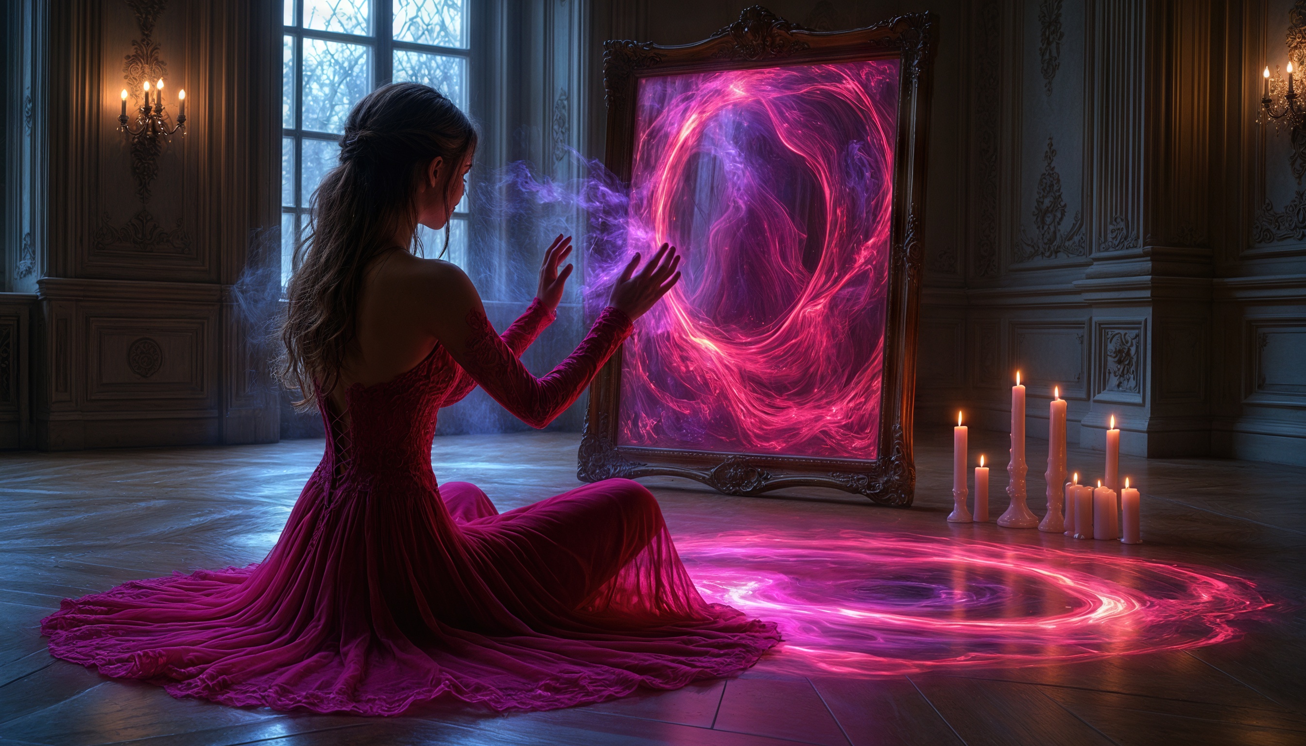 Бесплатное фото Девушка в красном платье взаимодействует с магическим вихрем в зеркале, окруженная свечами.