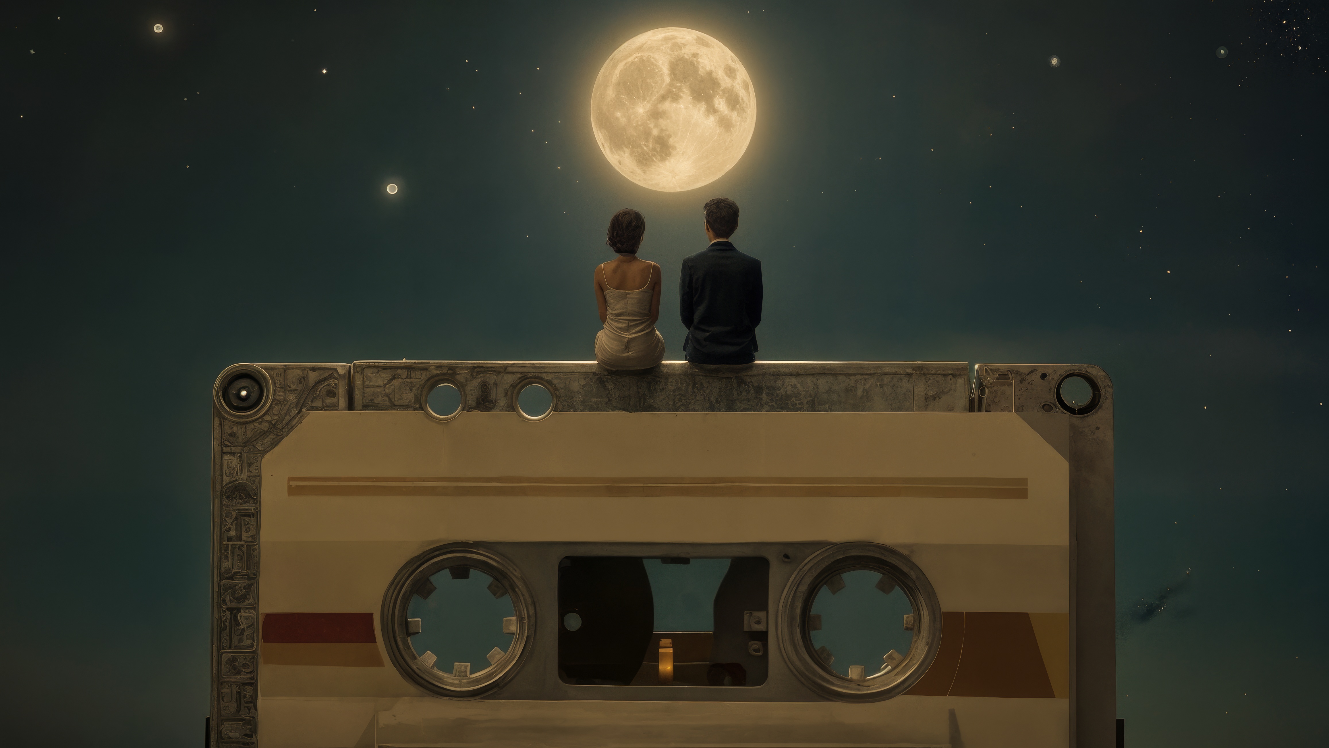 Два человека ночью на крыше здания