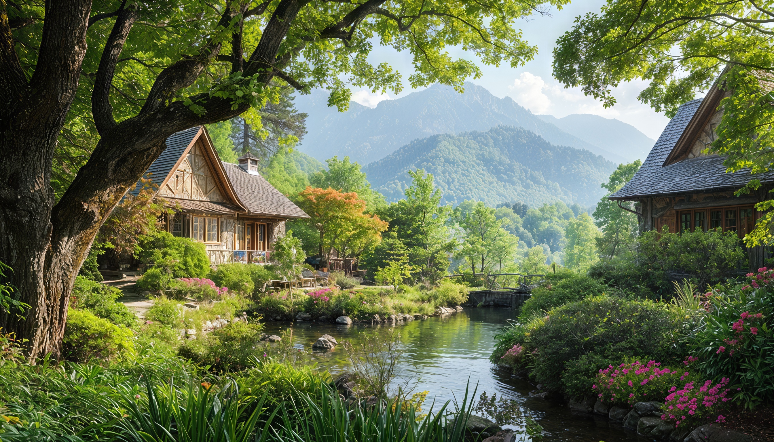 Два деревянных и каменных дома среди зелени и гор, пруд с камнями и цветами.